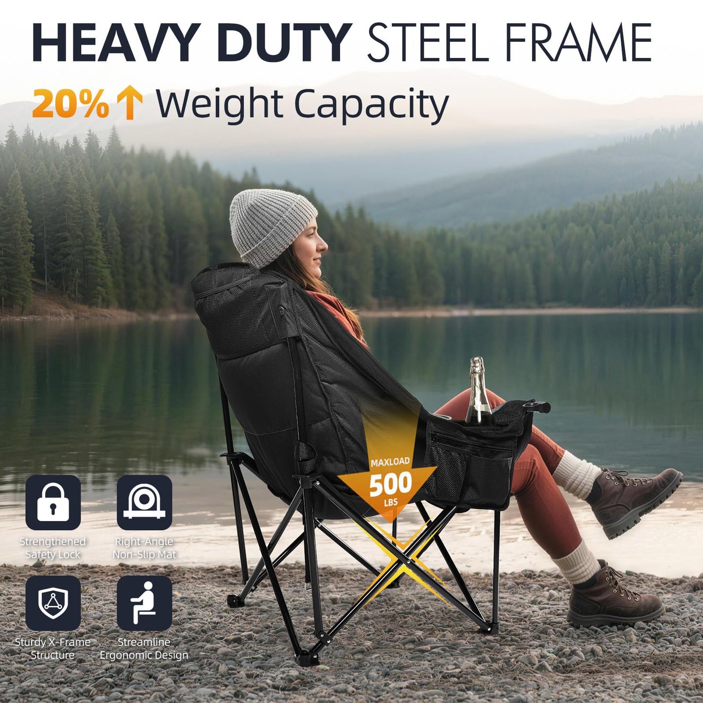 Oversized Camping Chair for Adults - Heavy Duty Outdoor Padded Large Lawn Camp Chair with Cup Holder Cooler Pockets for Sports Beach Fishing Garden Portable Supports 500lbs, AllBlack 2 Pack