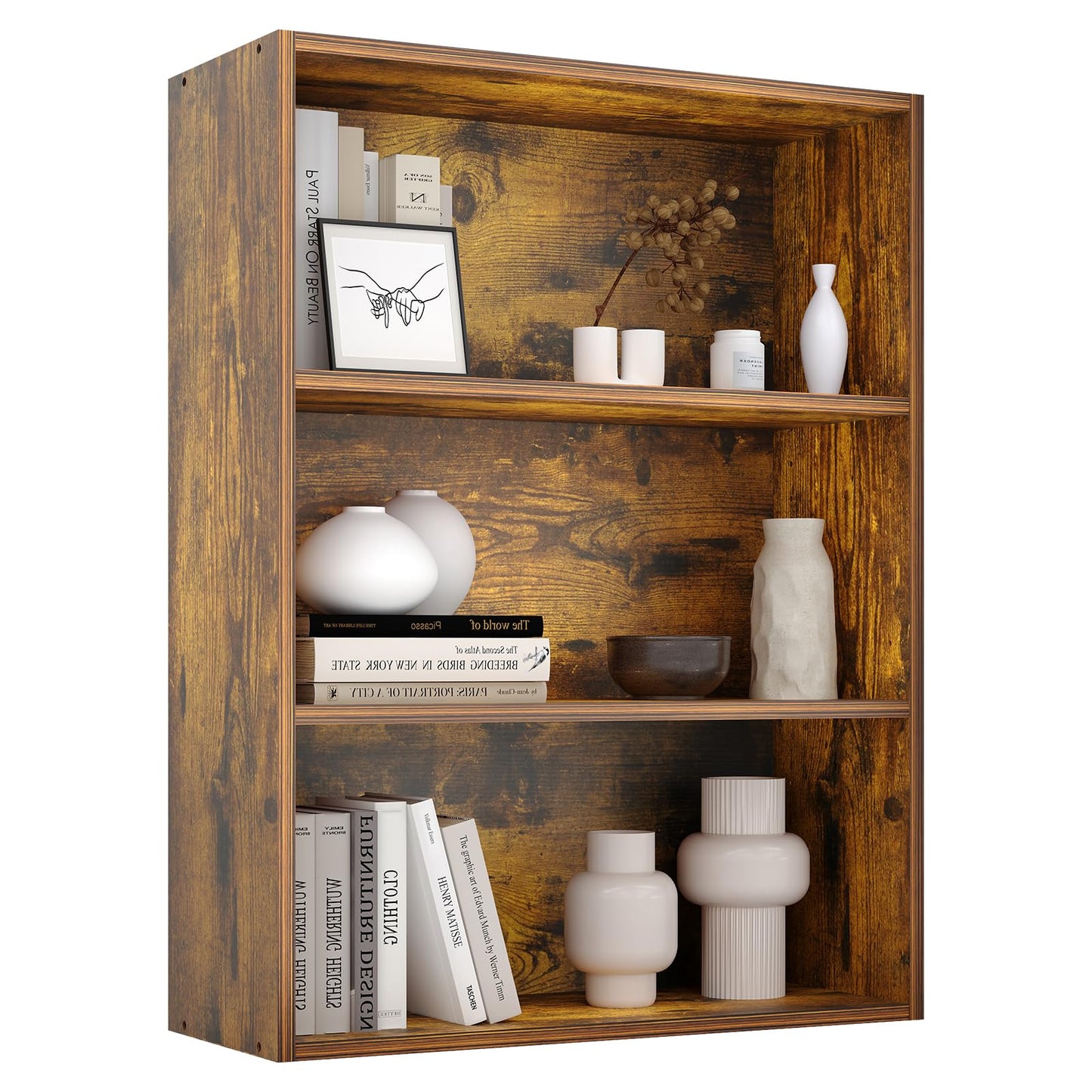 Sweetcrispy Industrial 3 Shelf Bookcase - Large 31.5 Inch Tall Floor Standing Open Bookshelf for Home Office, Living Room, and Bedroom Storage, Display Organizer, Brown