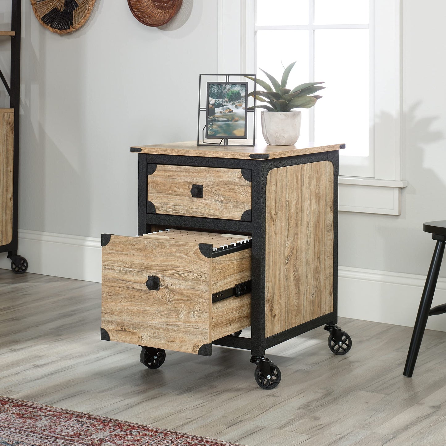 Sauder Steel River Pedestal File Cabinet, Metal Accent File Cabinet, Casters for Mobility, Industrial Style - Milled Mesquite Finish