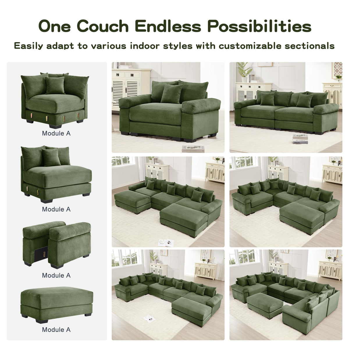 KEIKI 54" Oversized Corduroy Modular Sectional Single Sofa with High-Density Foam Cushions, Extra-Thick Armrests, Upholstered Modern 1-Seater Lounge Accent Chair with 3 Pillow, for Living Room, Green