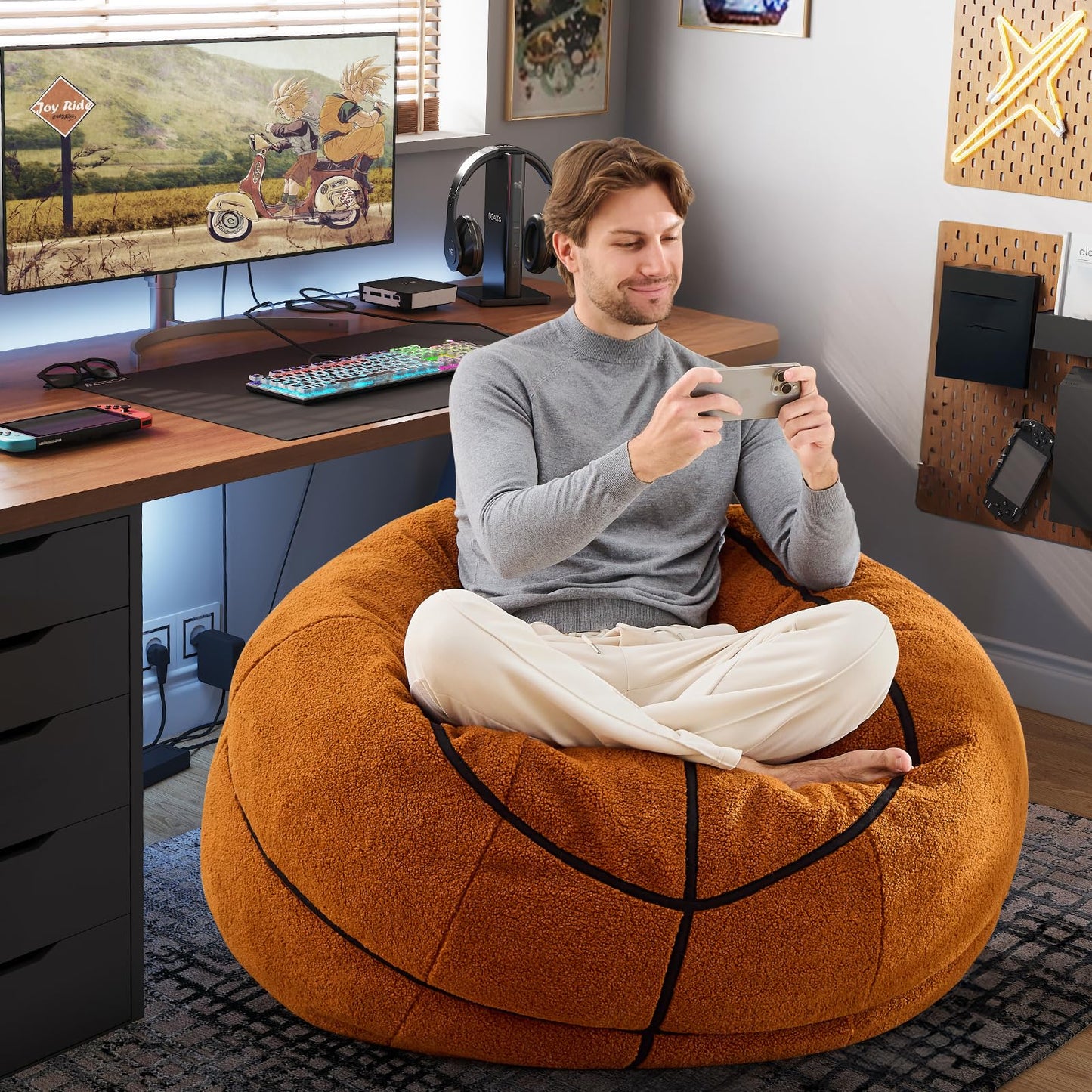 Sports Basketball Bean Bag Chair - Giant Bean Bag Chairs for Adults and Kids - Oversized Bean Bag Sofa Couch with Filler - Plush BeanBag Furniture for Living Room Bedroom Dorm Office - 44 Inch