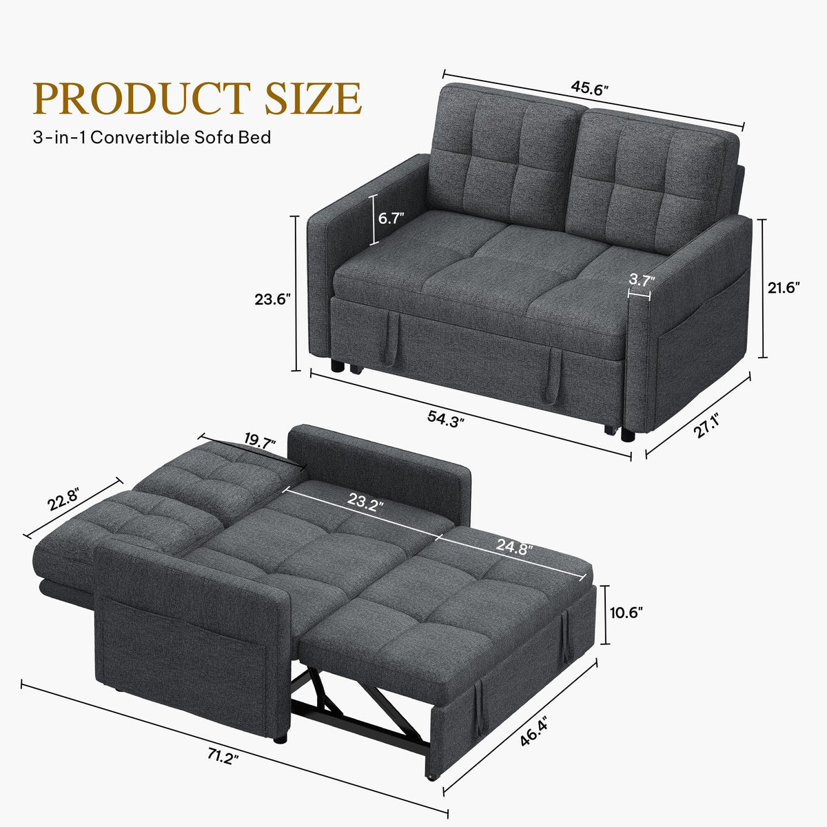 YITAHOME 55" Convertible Sofa Bed, 3-in-1 Sleeper Sofa with Iron Frame Pull-Out Bed, Linen Futon Couch with Reclining Backrest and Side Pocket, Modern Loveseat for Living Room Bedroom Apartment, Grey