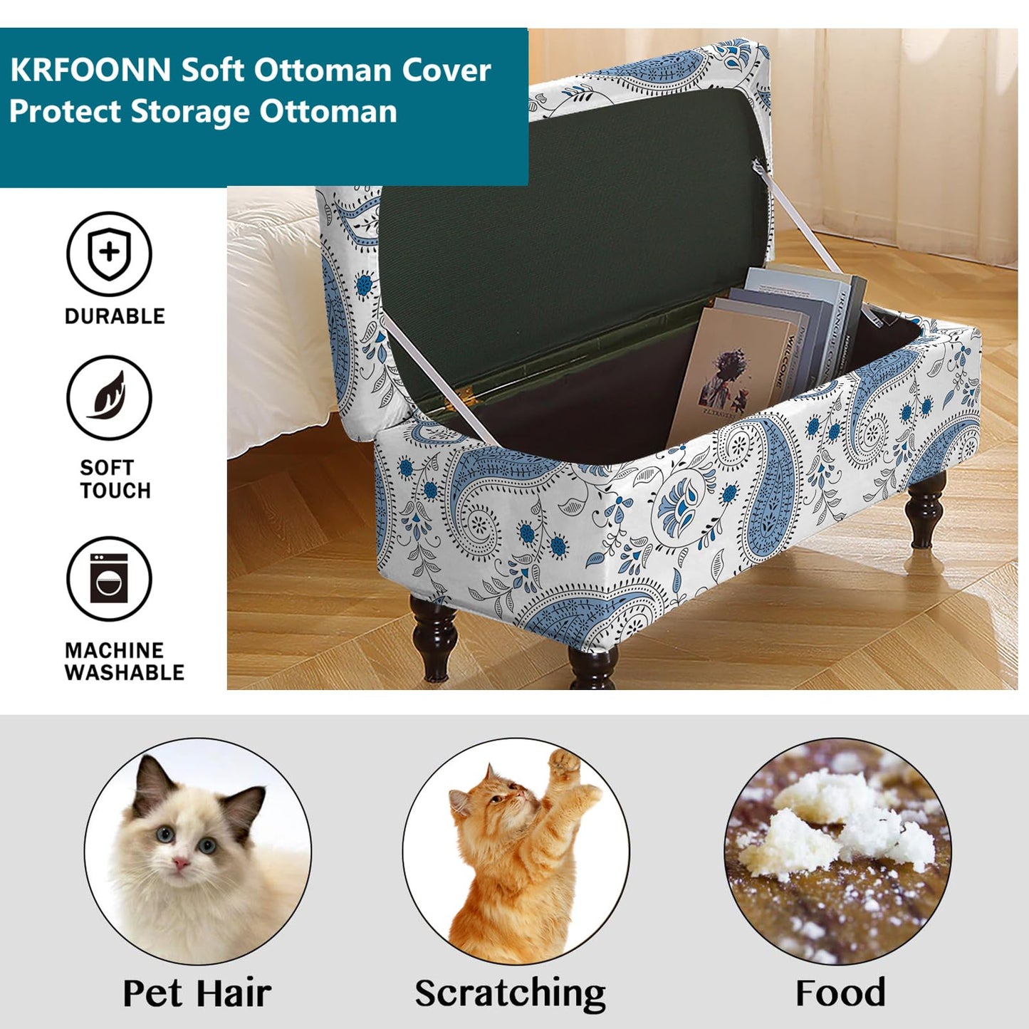 KRFOONN Rectangle Ottoman Covers Stretch Folding Storage Ottoman Bench Cover Printed Storage Footstool Covers Footrest Stool Slipcover Furniture Protector for Living Room Bedroom Bench (Medium, 10)