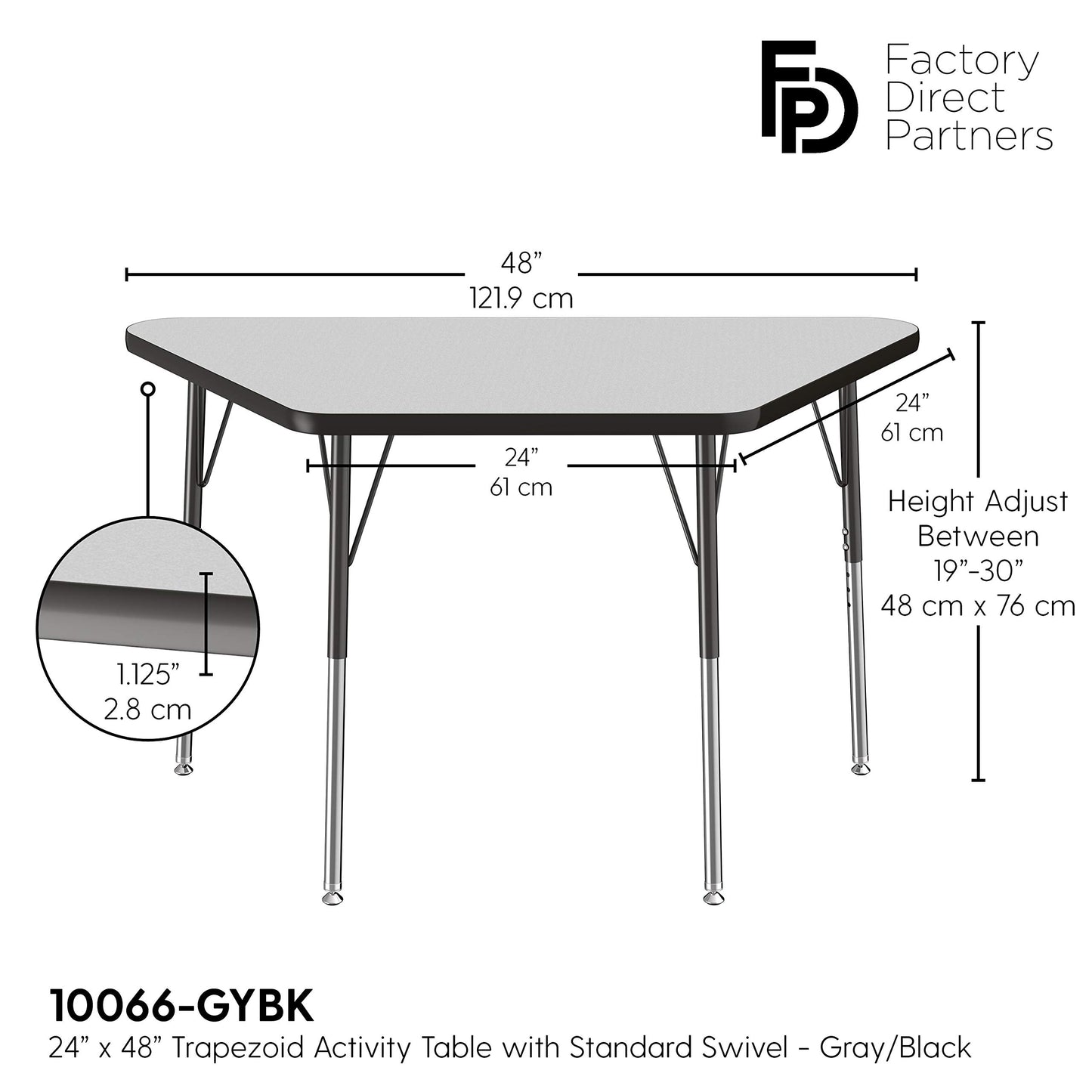 FDP Trapezoid Activity School and Office Table (24 x 48 inch), Standard Legs with Swivel Glides for Collaborative Seating Environments, Adjustable Height 19-30 inches - Gray Top and Black Edge