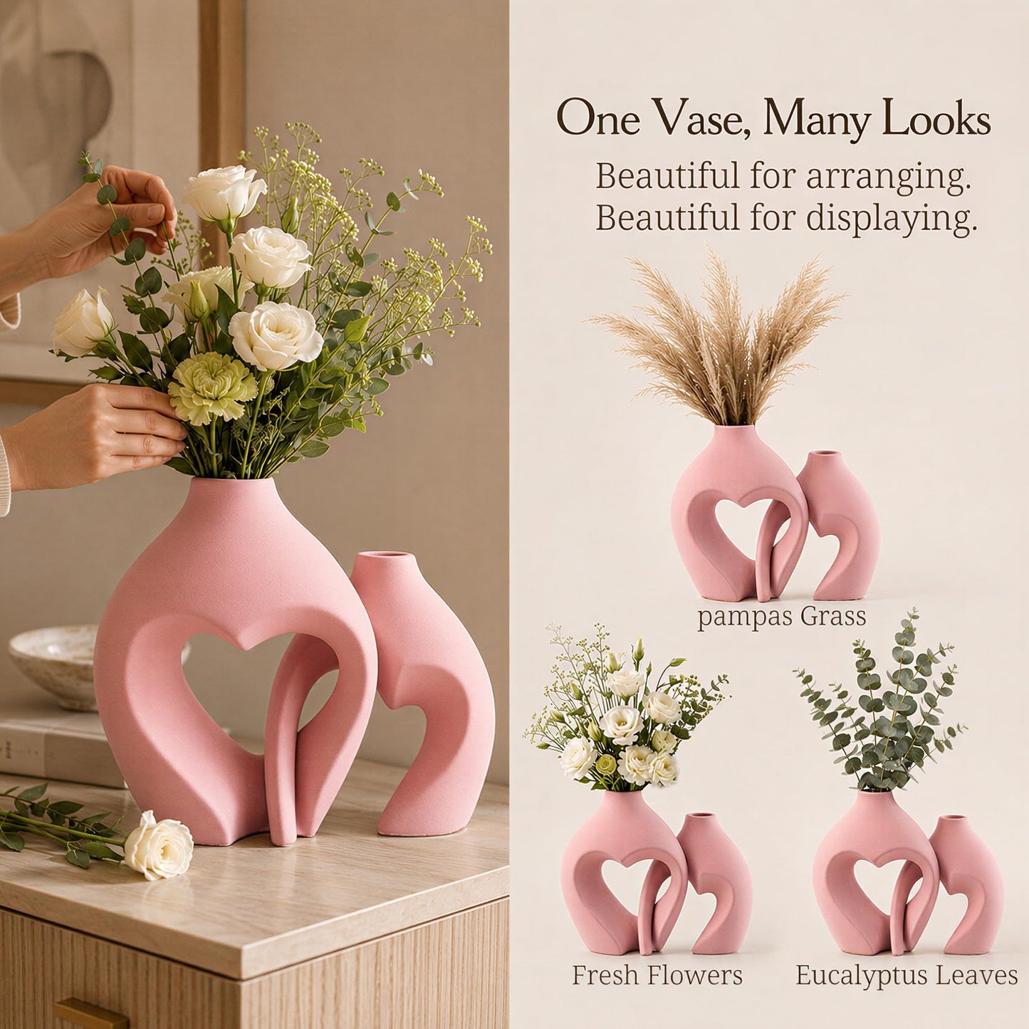 Ceramic Flower Vases Table Decor Heart Shaped Vase Set of 2 Pink