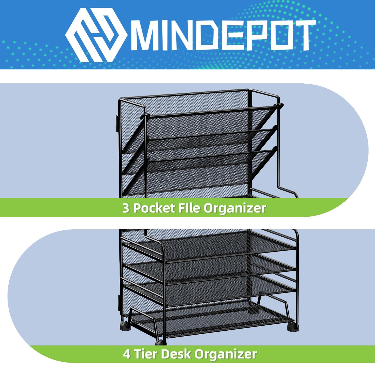 MINDEPOT 4-Tier Paper Organizer + 3-Pocket File Holder + Drawer + Pen Holders, Desktop File Organizers Paper Tray for Office Supplies School Classroom Organization (Black, No Drawer & Pen Holder)