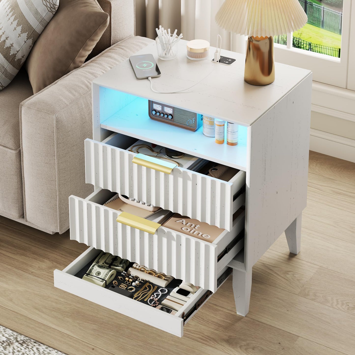LVSOMT 20'W Fluted Nightstand with Charging Station, LED Night Stand with RFID Lock Hidden Drawer, Mid Century Modern Bedside Table for Bedroom, 2 Drawers and Open Storage Cubby, White