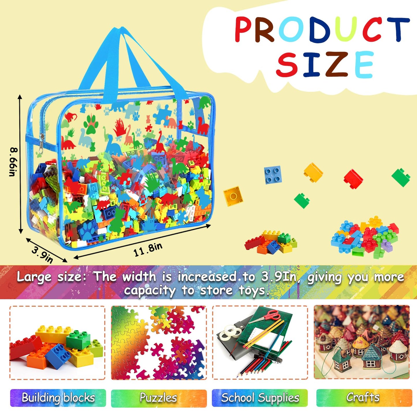 6 Packs Large Toy Storage Bags with Labels, Reusable Clear PVC Storage Bag, Travel Waterproof Organizer Bags (Blue-cute pattern)