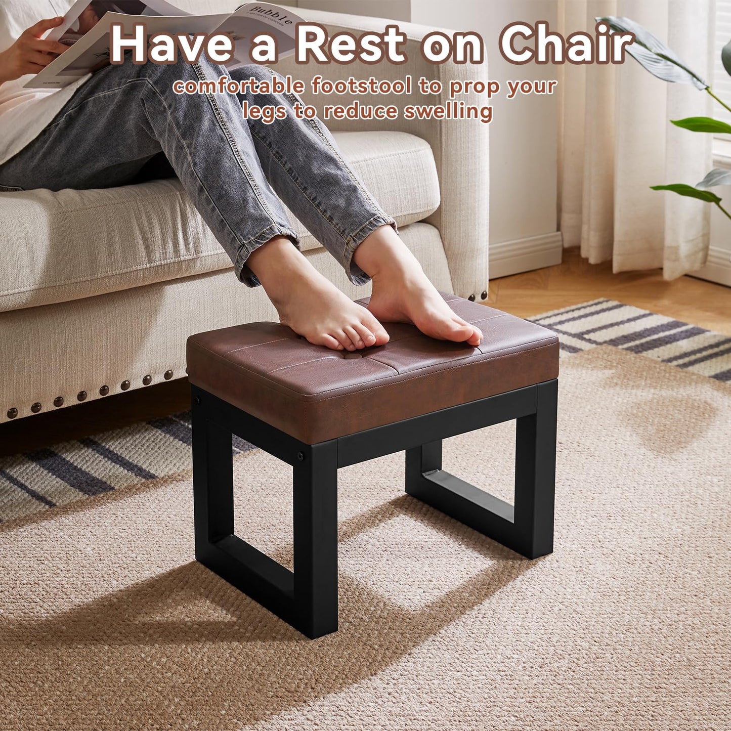 IBUYKE 16 Inch Small Foot Stool Ottoman, Rectangle PU Faux Leather Foot Rest with Padded Seat and Metal Legs, Modern Ottoman Foot Rest for Living Room Bedroom Entryway Couch, Dark Brown WBD026Z