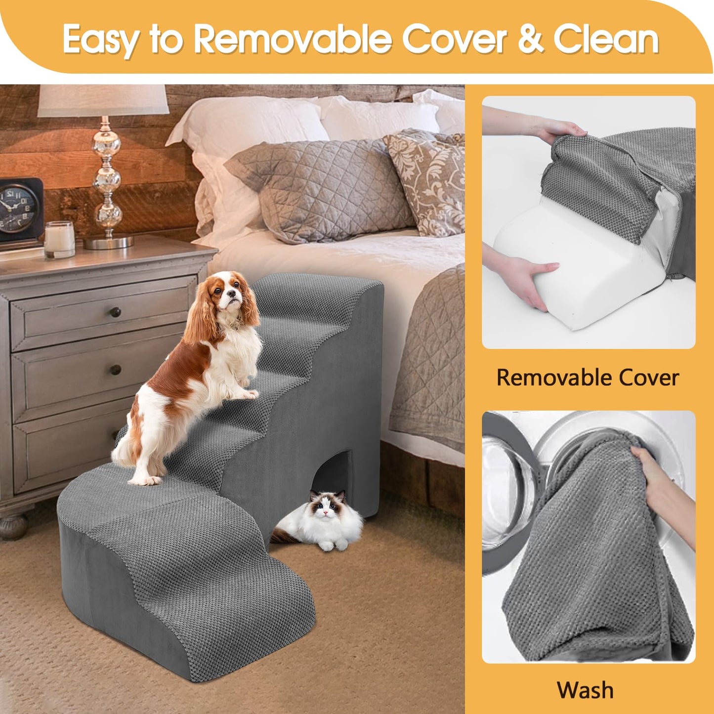 Dog Stairs for High Beds, 6 Steps Soft Foam Pet Stairs for Bed 27-30 inches, L Shaped Dog Steps, Non-Slip Sturdy Pet Stairs, 30D Foam Doggie Ramp for Small/Large Dogs/Old Cats