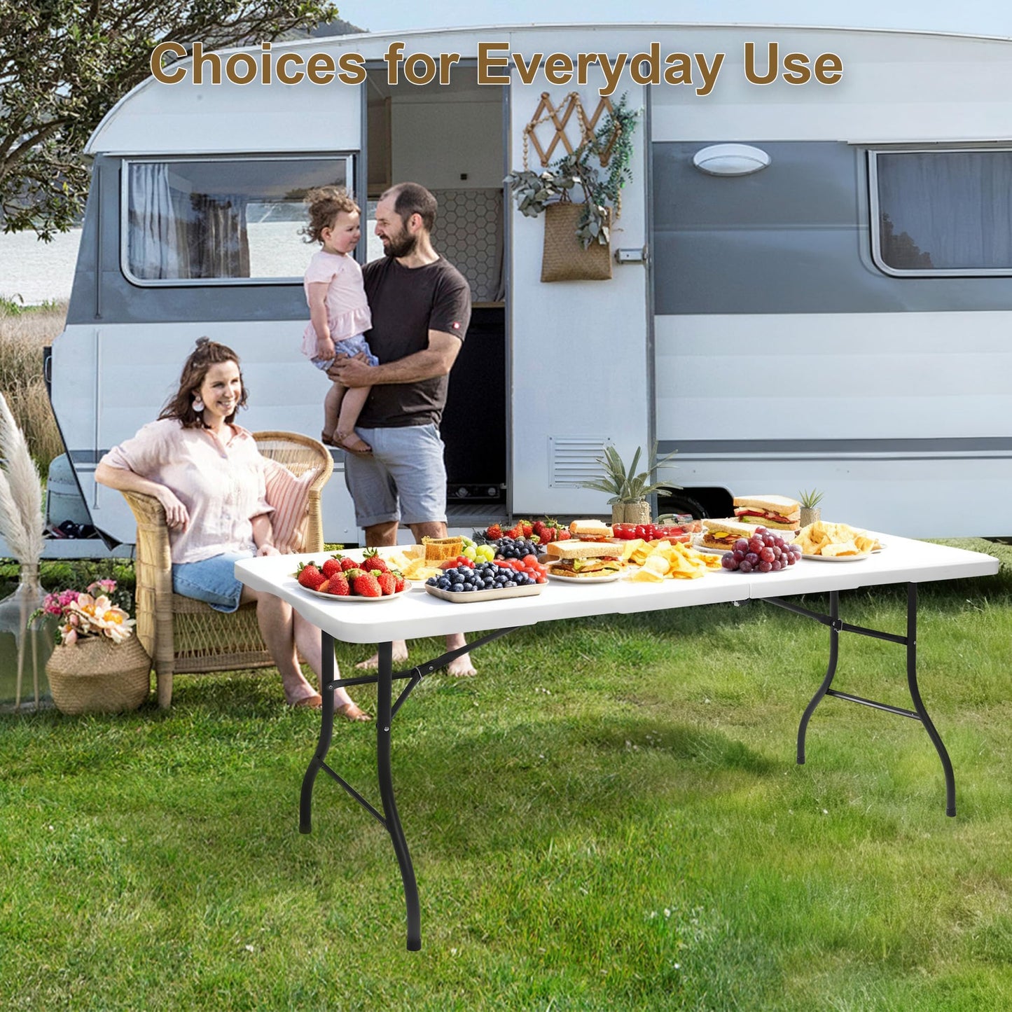 Keycozy Heavy Duty 6ft Folding Table, Portable Fold-in-Half 6 Foot Foldable Table, Table of Utility Dining Indoor Outdoor with Carrying Handle for Camping Picnic and Party, White