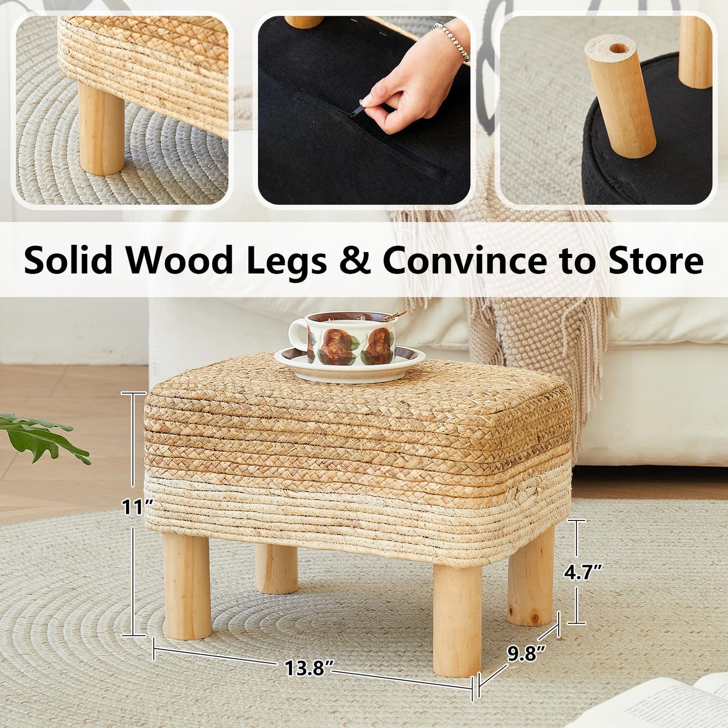 ALeesing Ottoman Foot Stool Rectangular Footrest Natural Seagrass Footstool with Wooden Legs Hand Weave Multifunctional Modern Dressing Stool, Sofa Side Table for Bedroom for Living Room (White)