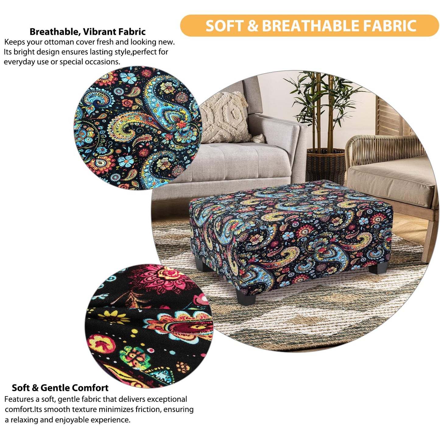 TOPHMDECOR Ottoman Cover Rectangle Printed,Stretch Footstool Slipcover with Elastic Bottom,Soft Fabric Protector for Rectangular Ottoman in Living Room or Bedroom,Medium,Flower F