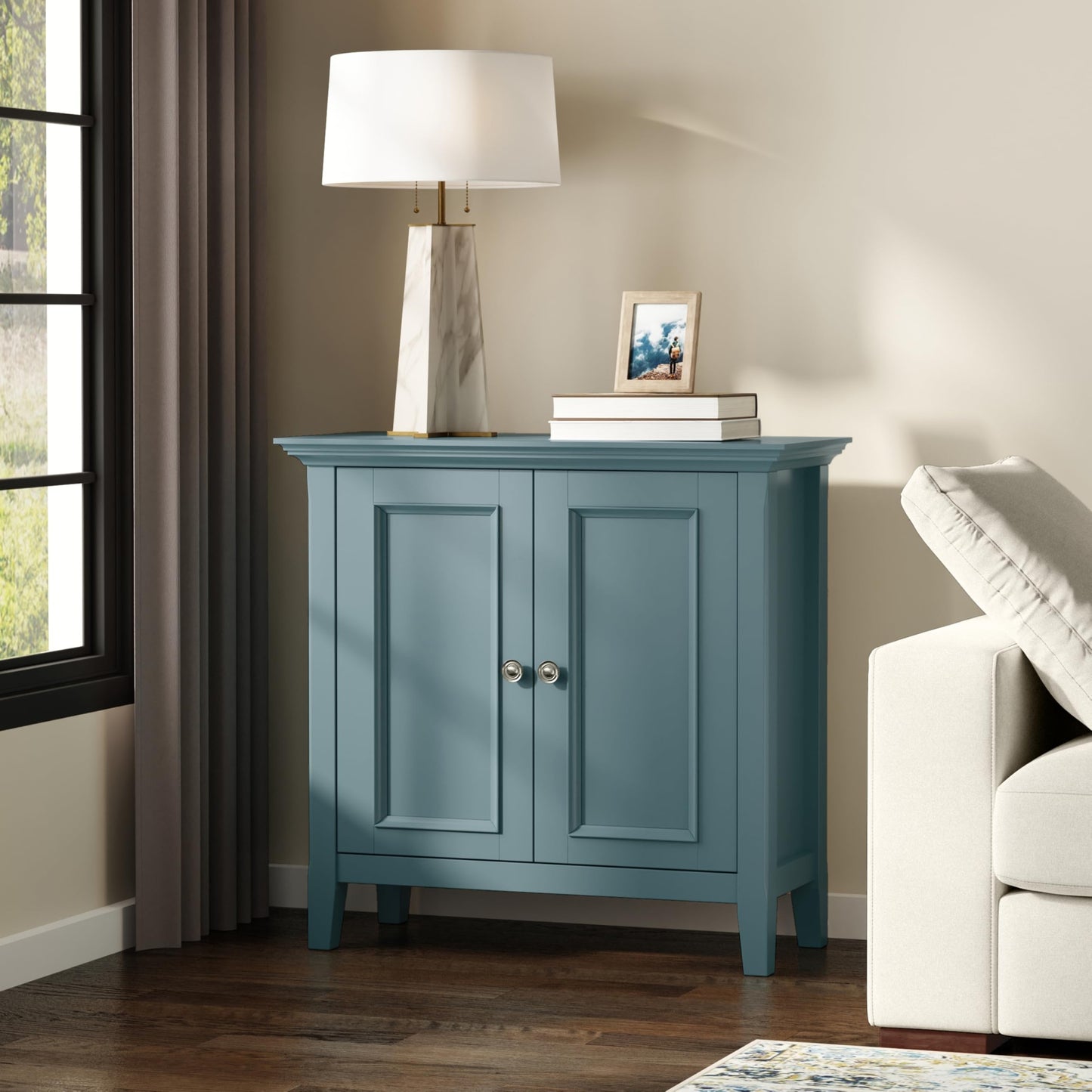 SIMPLIHOME Amherst Low Storage Cabinet - 32 inch Wide Solid Wood 2-Door Accent Cabinet in French Blue, Transitional Living Room or Entryway Storage with Adjustable Shelves and Rectangular Base