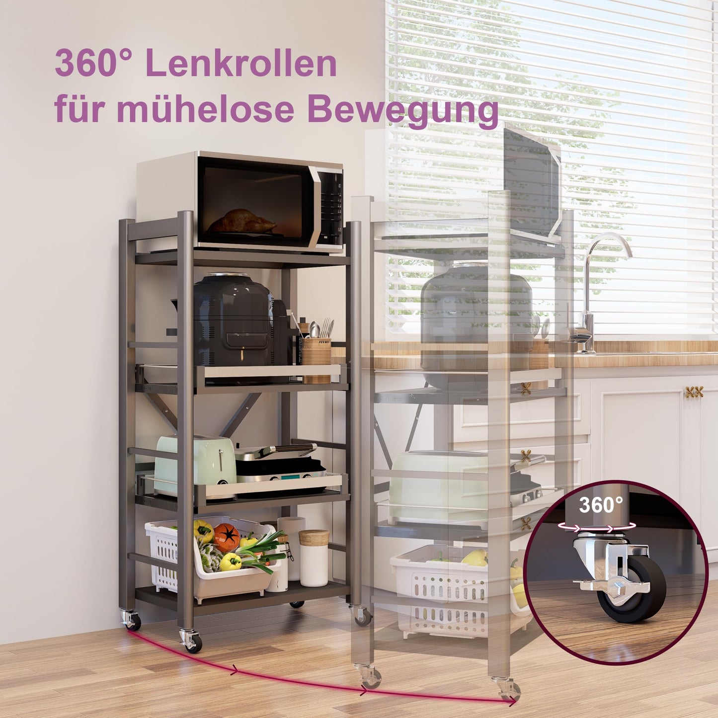 4-Tier Pull Out Kitchen Baker's Rack with Wheels, Heavy Duty Metal Microwave Stand with Storage, Adjustable Ktichen Shelves Freestanding, Rolling Utility Storage Cart (23.6''W x 49.2''H)
