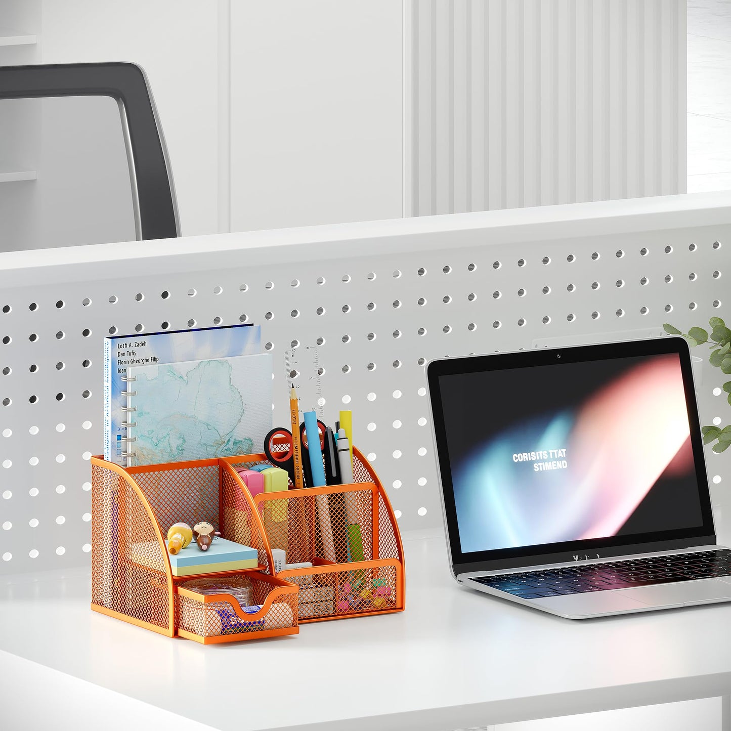EasyPAG Mesh Desk Organizer with Drawer Multi-functional Pen Holder Stationery Organizer for Office School Supplies 6 Compartments Dorm Organizers and Storage for Desk, Orange