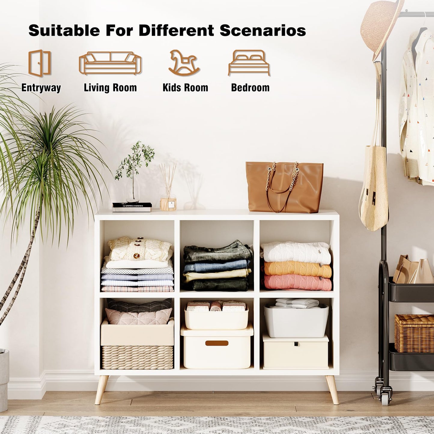 Flrrtenv 6 Cube Storage Organizer, Wood Bookcase with Legs, Modern Freestanding Cubby Shelving Unit, White Book Shelf Toy Storage Cabinet for Bedroom, Living Room, Kids Room, Fits 11 Inch Bins