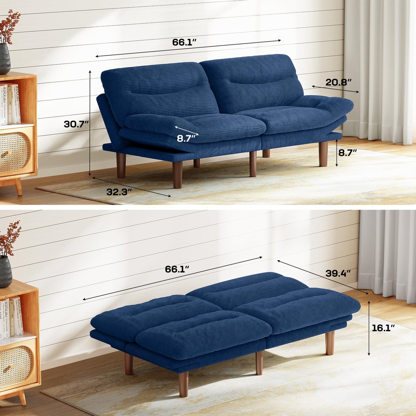Marsail 66" Futon Sofa Bed, Convertible Corduroy Futon Couch with Adjustable Backrest & Armrests, Small Sleeper Sofa Loveseat for Living Room, Apartment, Blue