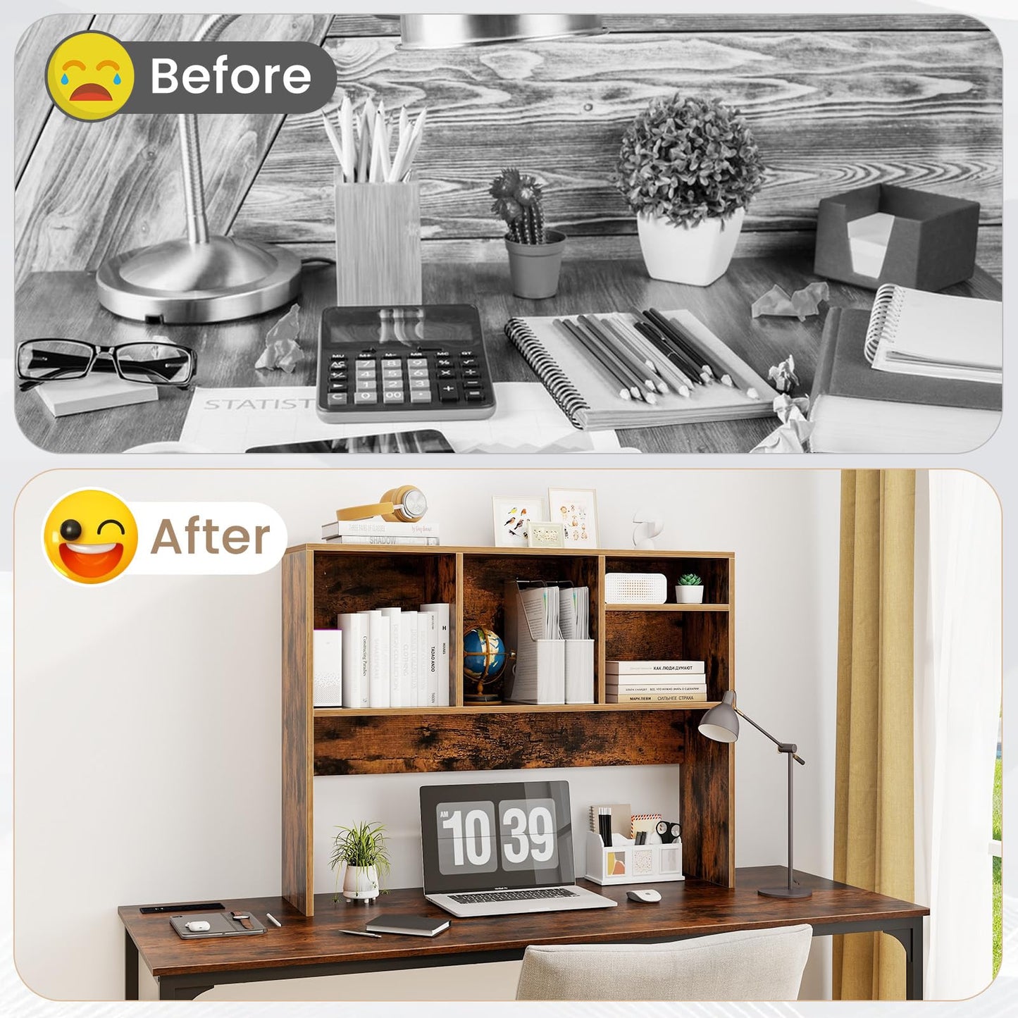 Tangkula Desktop Bookshelf, Countertop Storage Hutch with 4 Shelves for Computer Desk, Desk 2-Tier Display Rack, Multipurpose Wood Desktop Hutch Storage Organizer for Dorm Office Home