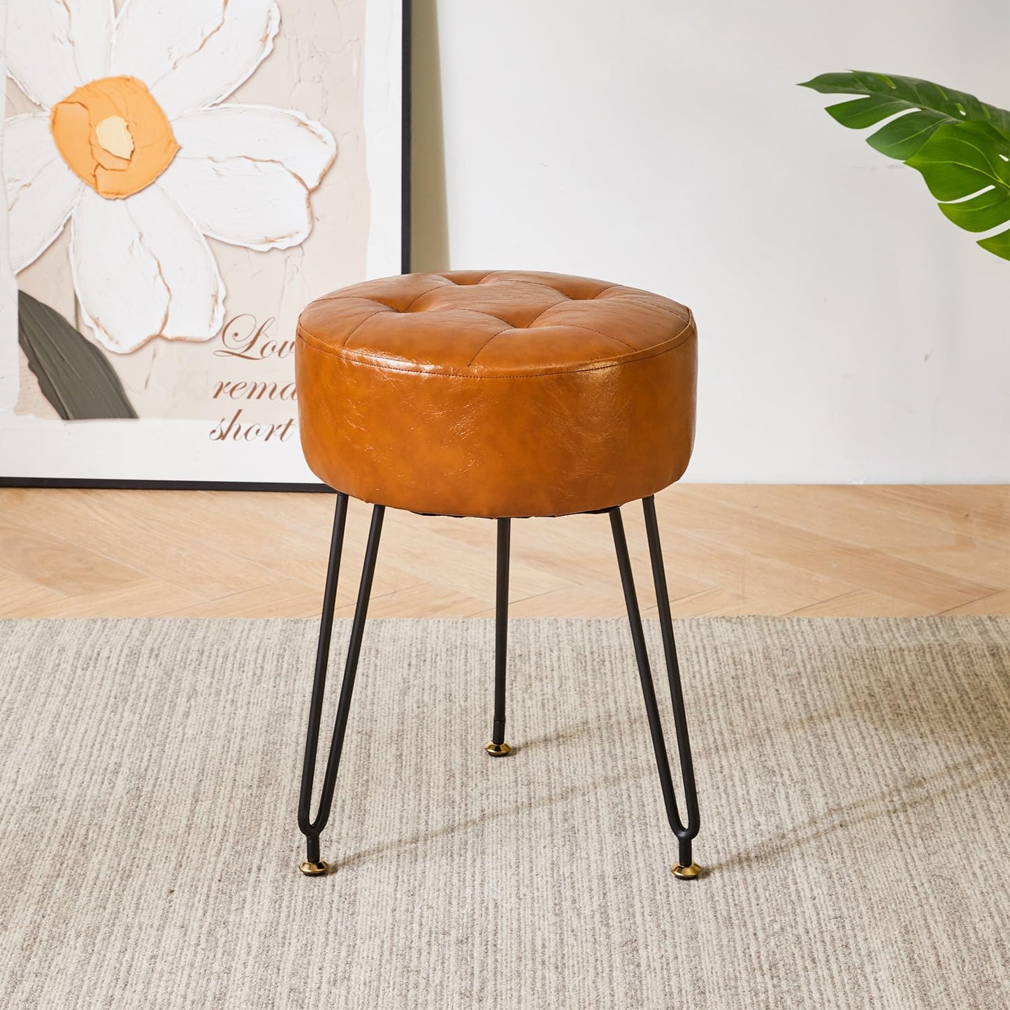IBUYKE Faux Leather Round Footrest, Makeup Vanity Stool Side Table, PU Dressing Table Seat, Pouf Couch Stool, Golden Steel Legs, Light Brown LG-31J