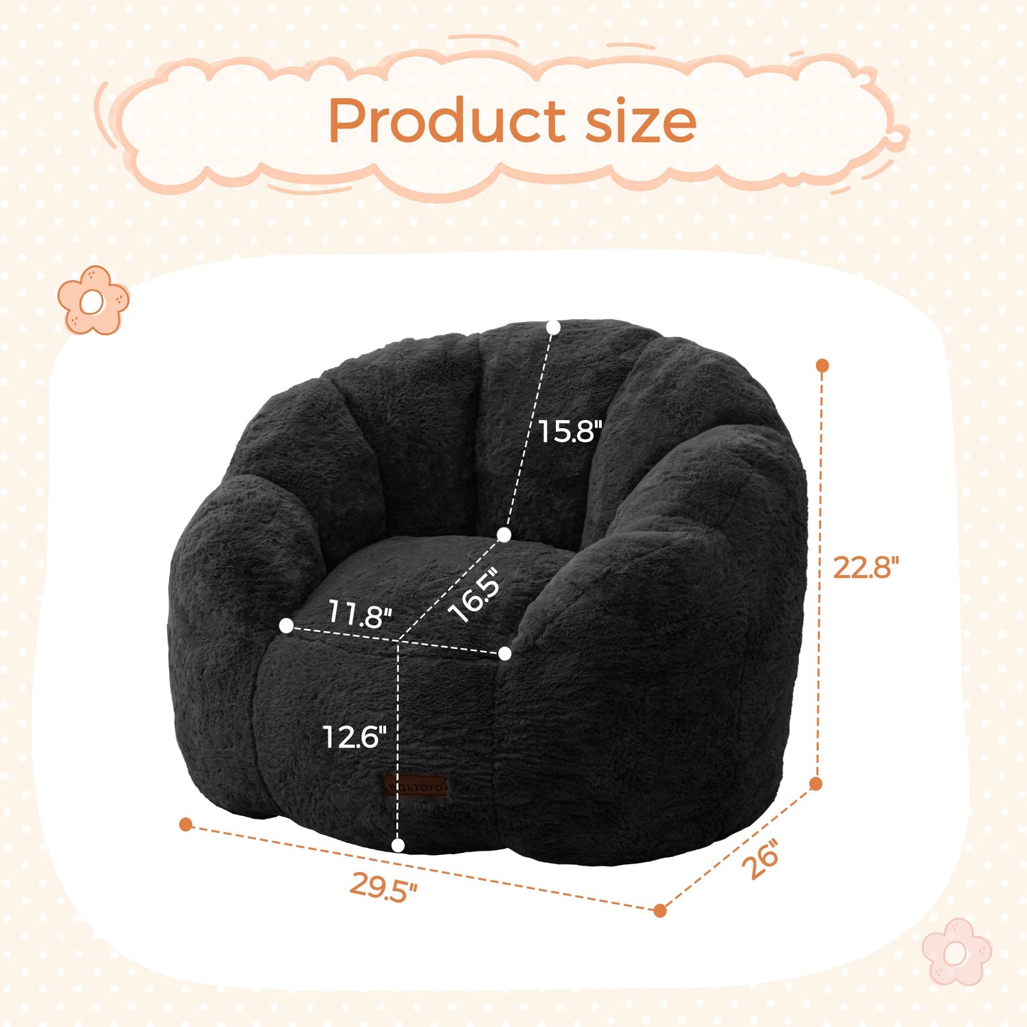 MAXYOYO Kids Bean Bag Chair, Floral Shaped Bean Bag Sofa, Plush Faux Fur Toddler Couch with Petal Backrest for Boys Girls, Stuffed Cozy Sofa for Nursery, Bedroom, Black