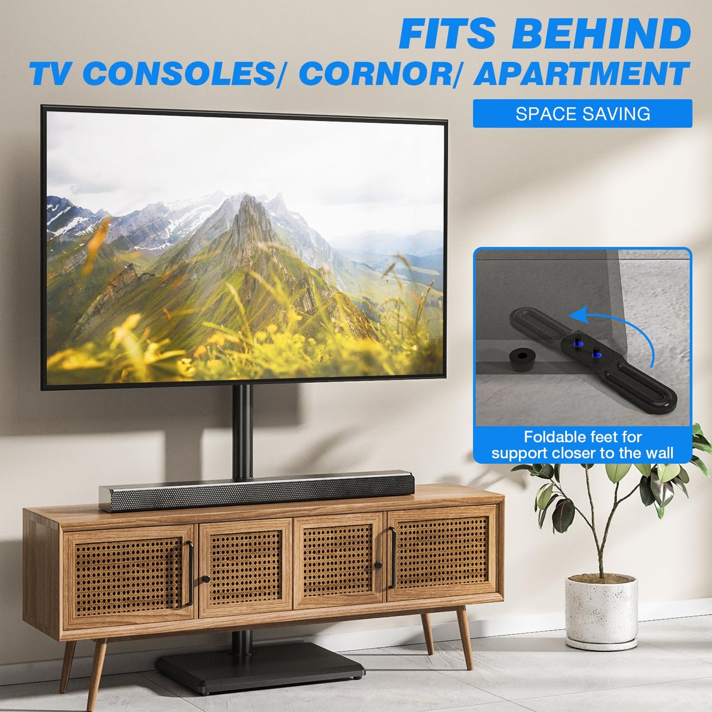 Rfiver Swivel Floor TV Stand with Mount for 32-65 inch TVs up to 88 lbs, Height Adjustable Tall TV Stand with Wood Base, Saving Space Design for Bedroom, Living Room and Corner, Max VESA 400x400mm