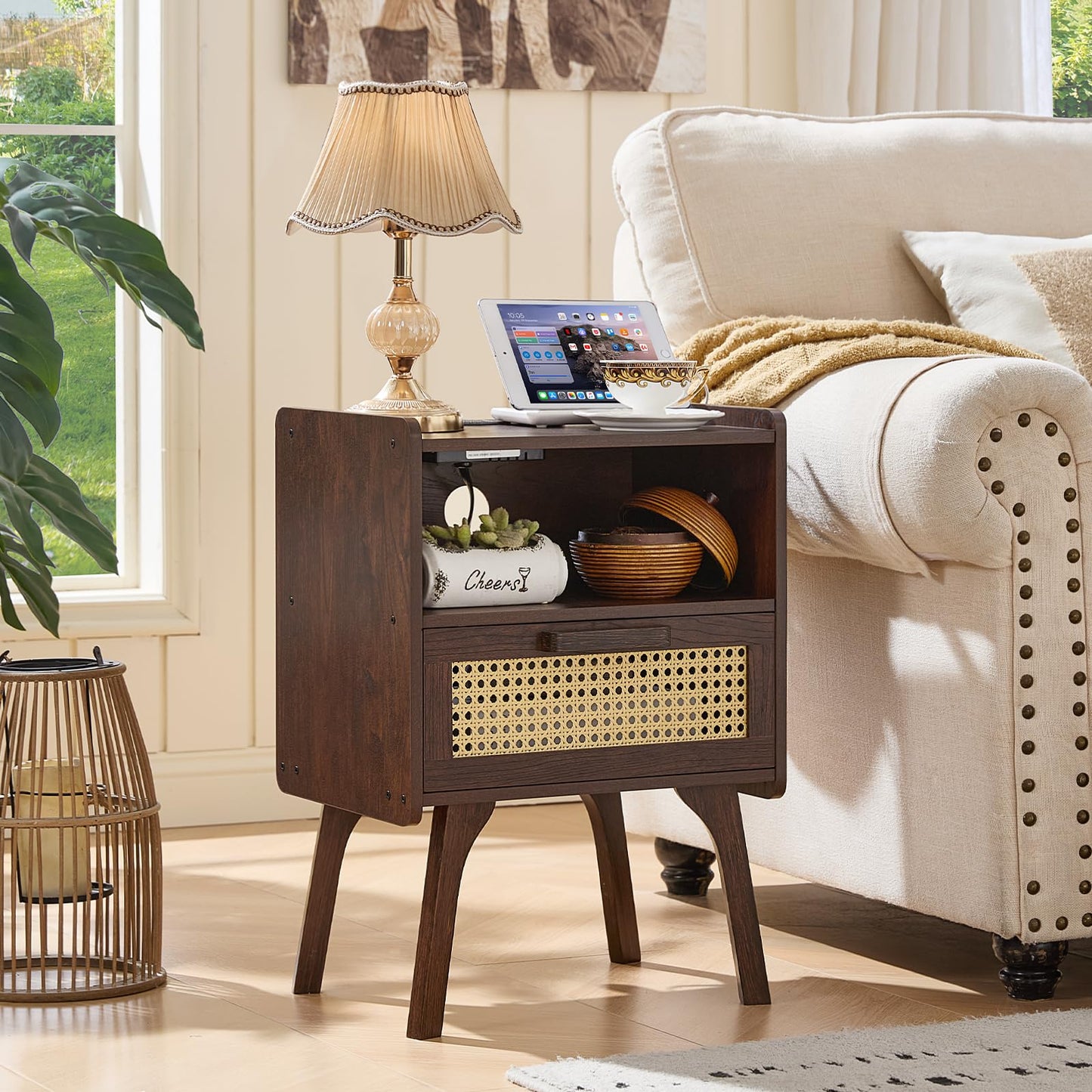 Lerliuo Rattan Nightstand with Charging Station, Walnut Bedside Table with Drawer Open Shelf, Cane Accent Side End Table with Solid Wood Legs, Night Stand for Bedroom, Dorm and Small Spaces