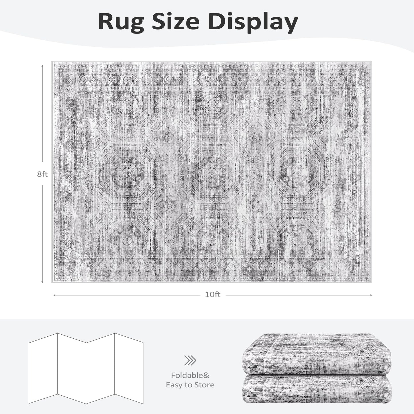 Suconsun 8' x 10' Area Rug, Washable Non-Slip Vintage Low-Pile Faux Wool Carpet, Soft Pet Friendly Farmhouse Rug for Living Room Bedroom Dining Room, Grey