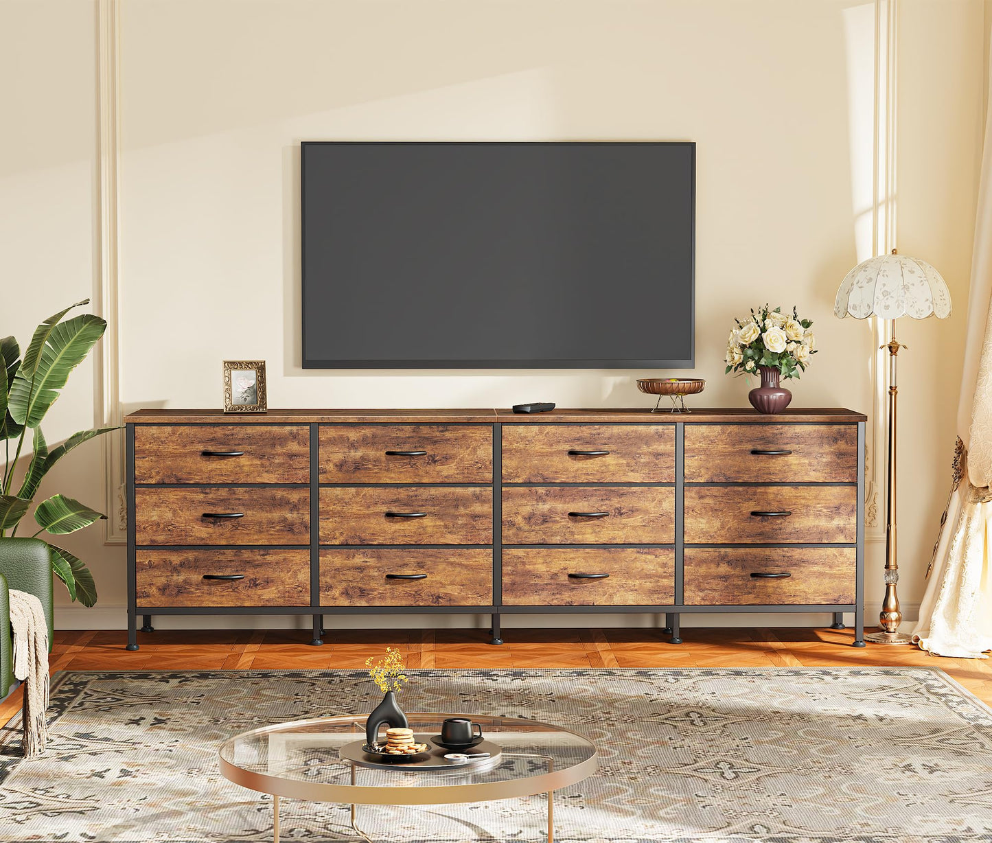 Huuger 70 Inch Dresser for Bedroom, TV Stand for 65, 75, 80 Inch TV, 12 Fabric Drawer Long Dresser, Large Entertainment Center for Bedroom, Wide Chest of Drawer with Storage, Rustic Brown