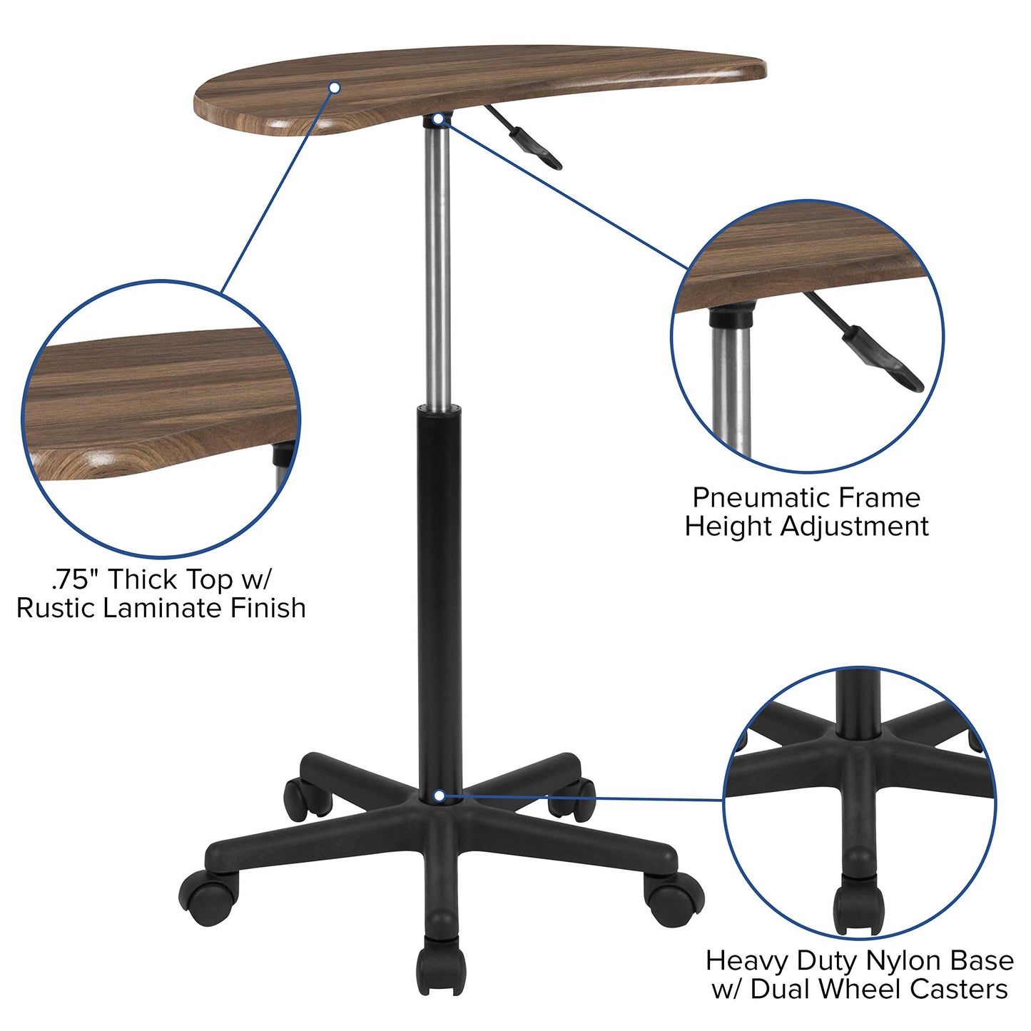 Flash Furniture Eve Rustic Walnut Sit to Stand Mobile Laptop Computer Desk with Heavy Duty Nylon Base and Dual Wheel Casters
