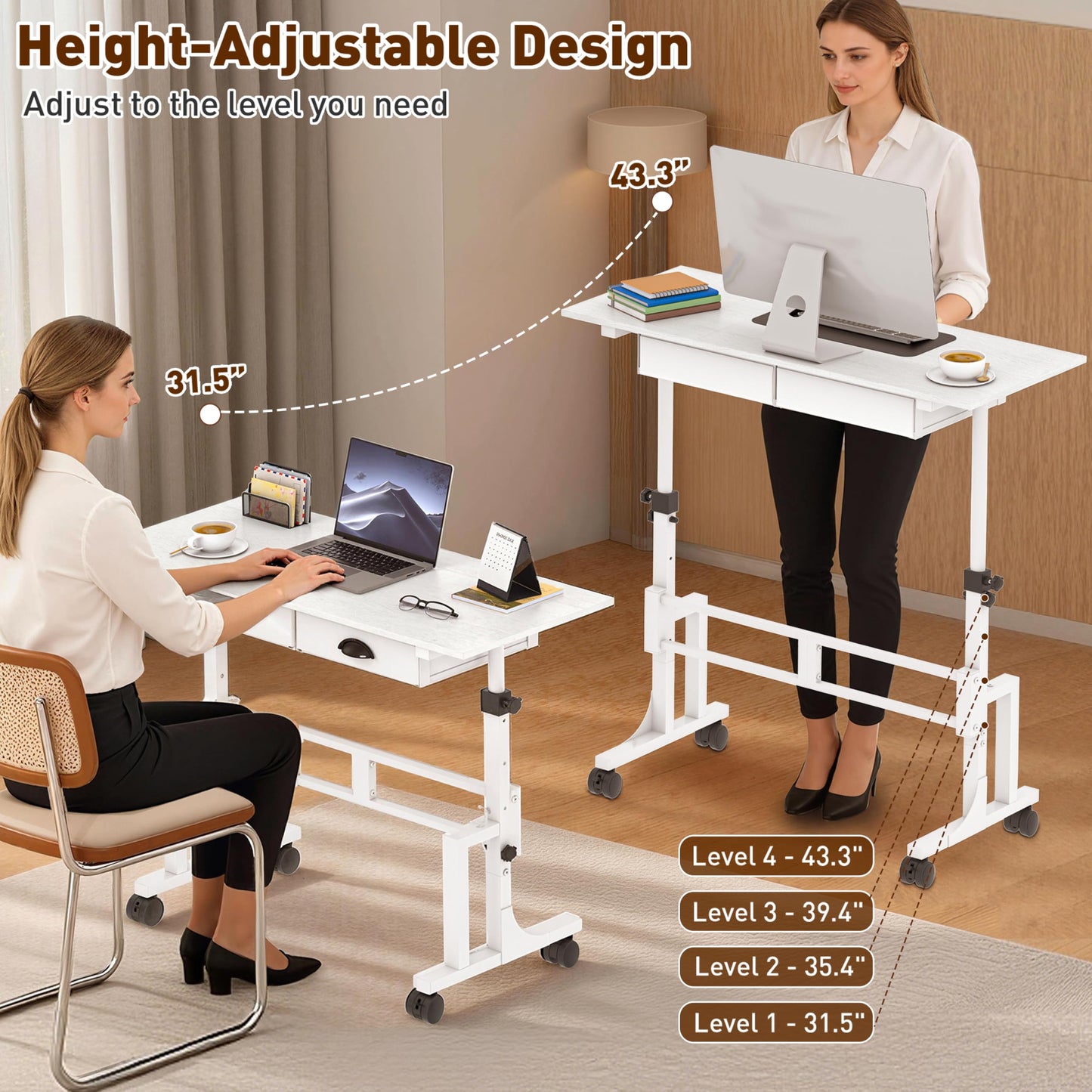 Height Adjustable Standing Desk with 2 Drawers, Small Sit Stand Up Desk with Wheels, Portable Rolling Desk for Walking Pad Treadmill, Computer Office, Adjustable 31.5"-43.3", White, Upgraded Stable