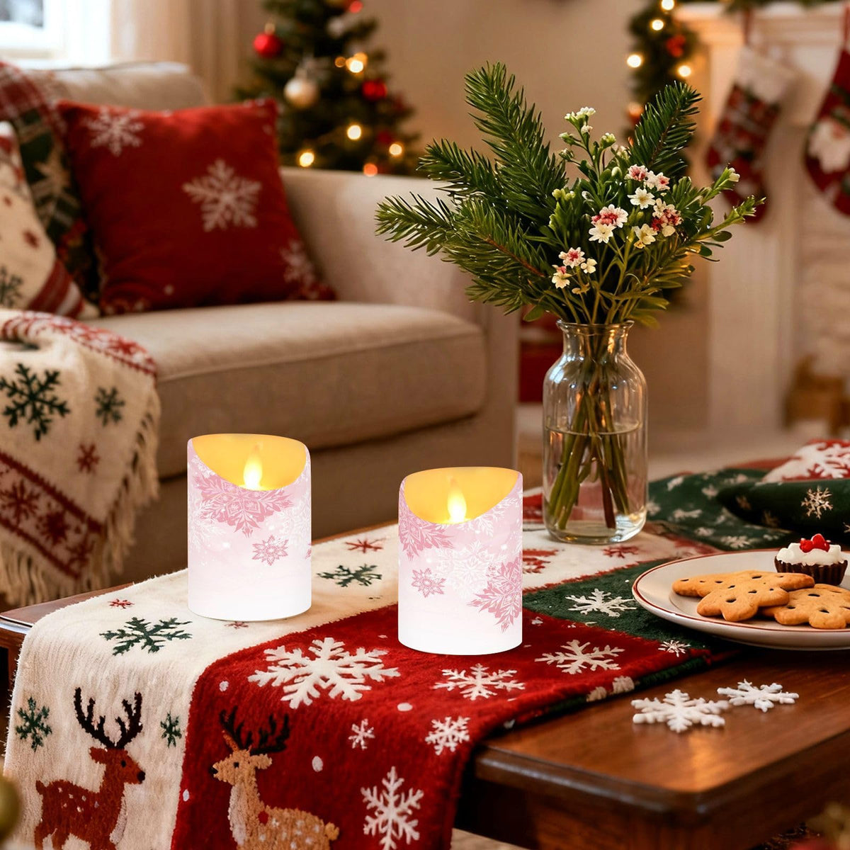 Christmas Flameless Candles Set of 2 Pink Snowflakes Realistic LED Candles with Remote Battery Operated Holiday Decorations