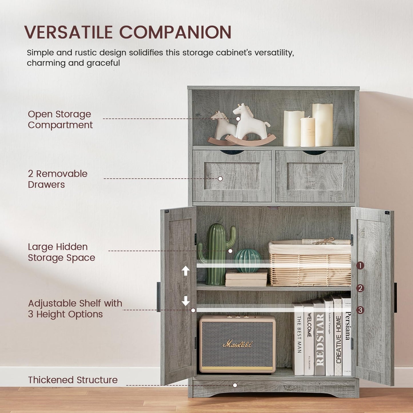 Iwell Storage Cabinet with 2 Drawers & 2 Adjustable Shelves, Kitchen Cabinet, Cupboard, for Living Room, Kitchen, Entryway, Home Office, Grey