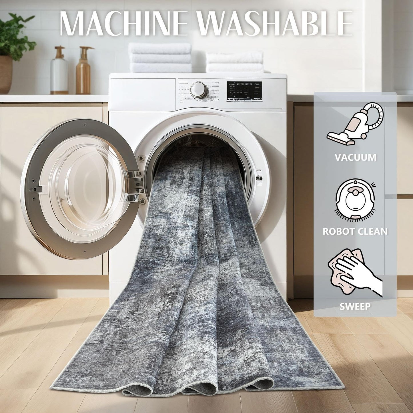 TARANCH Abstract 10x14 Area Rug: Machine Washable Non Slip Ultra Thin Low-Pile Carpet, Soft Stain Resistant for Living Dining Room Bedroom, Kid Pet Friendly, Robot Vacuum Compatible - Dark Grey/Blue