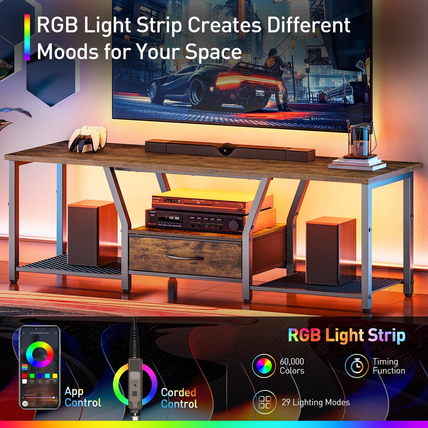 RALGEND TV Stand with LED Lights, for TVs up to 55 Inches, 47" Entertainment Center with Fabric Drawer & Soundbar Shelf, Media Console Table for Living Room, Bedroom, Rustic Brown and Black 1201DSDBB
