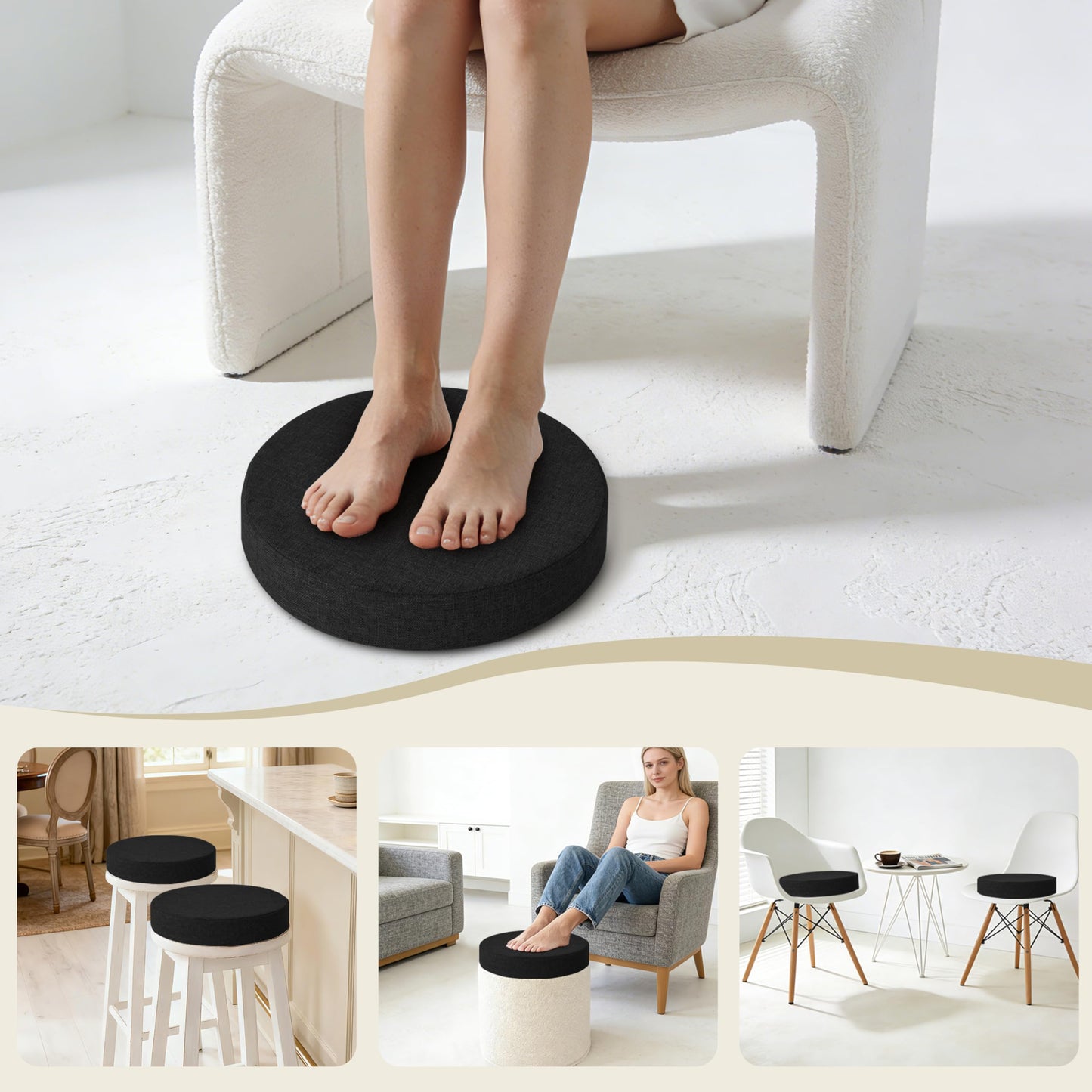 AddGrace 2.5" Thick Non Slip Round Chair Pad 1 Pack, 16" Round Chair Cushion with Machine-Washable Cover and Long Zipper, Seat Cushions for Kitchen, Office, Floor and 16" Ottoman, Black
