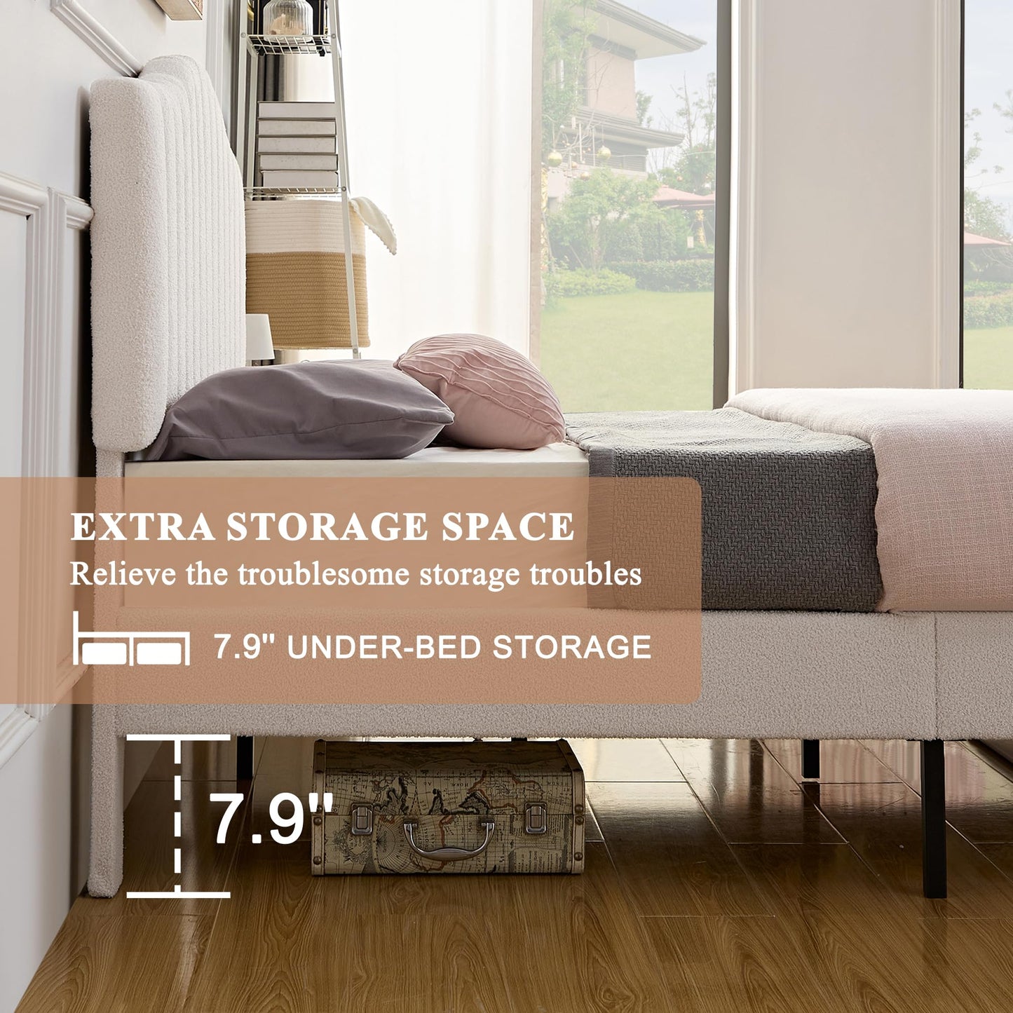 VECELO Full Size Beds Upholstered Platform Bed Frame with Height-Adjustable Teddy Fabric Headboard/Strong Wood Slats Supports / 7.9'' Under Bed Storage Space/Noise Free/No Box Spring Needed, Cream