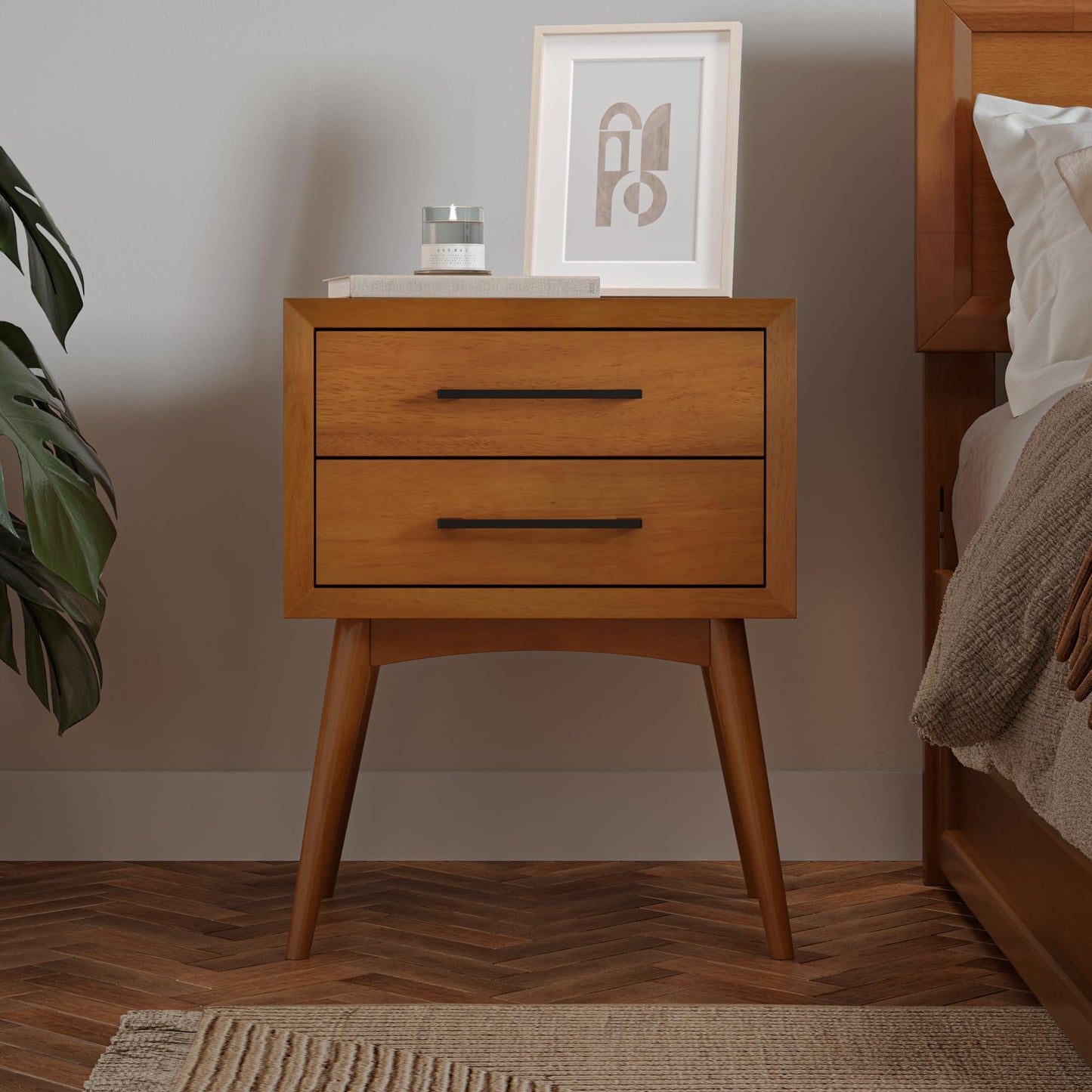AFI, Pasadena Solid Wood Mid-Century Modern 2 Drawer Nightstand, Light Toffee
