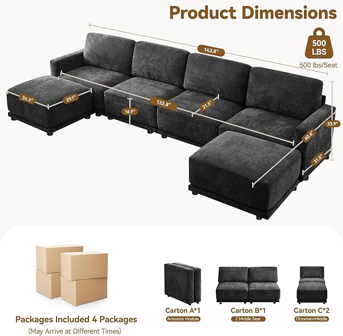 143.8" Modular U Shaped Sofa, Oversized Sectional Cloud Couch, 6 Seater Deep