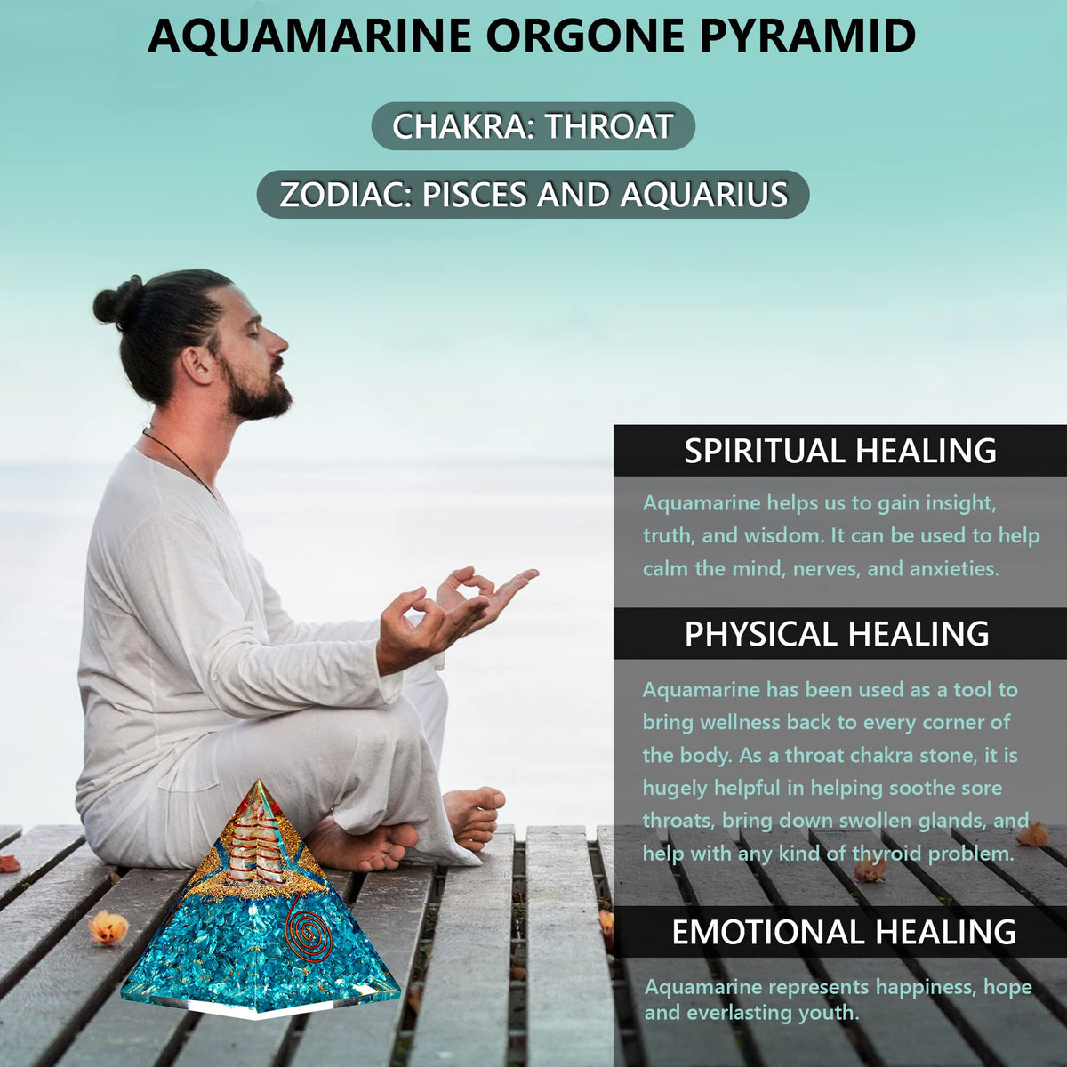 Anaya Agate Aquamarine Orgone Pyramid, Aquamarine Crystal Pyramid w/Positive Energy, Handmade Orgonite Pyramids for Chakra Cleansing, Mindfulness, Crystal and Healing Stones, Christmas Gifts for Women