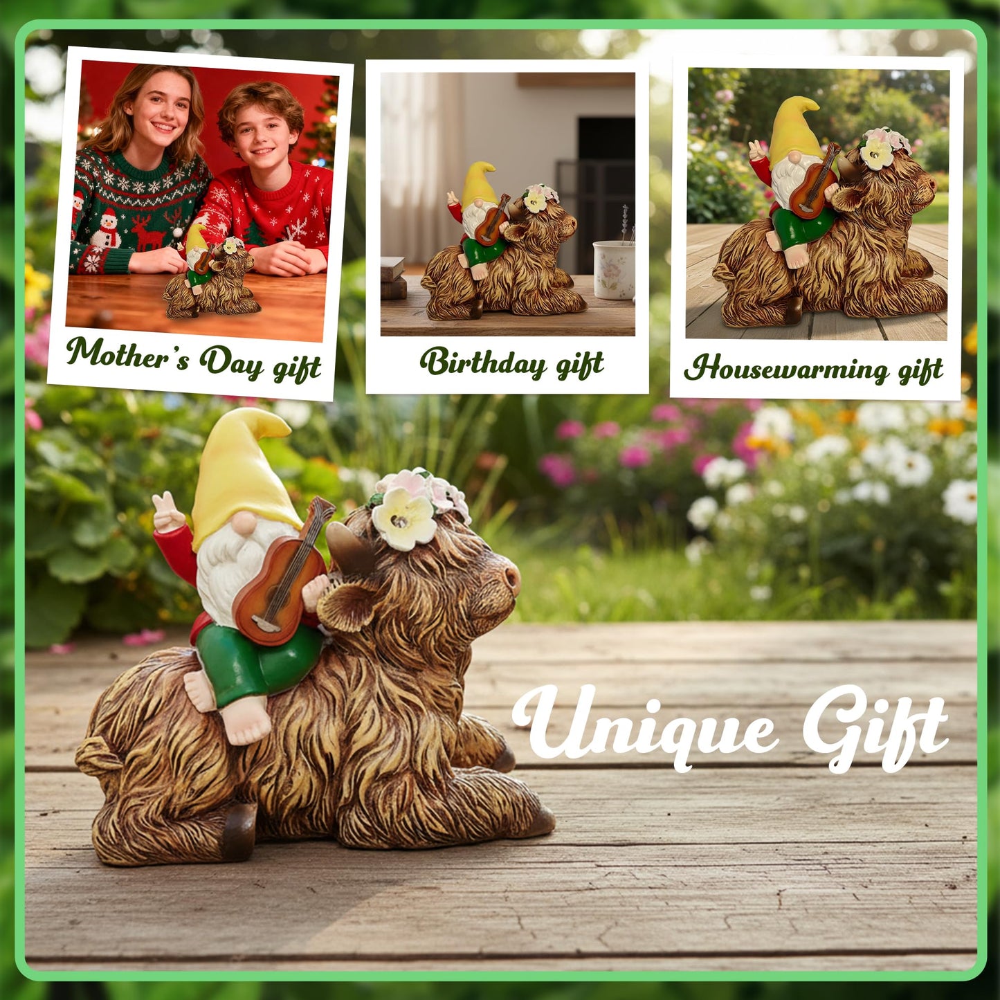GudaAphrmix Spring Garden Paly The Violin Gnome Highland Cow Solar Statues, Summer Gnome Outdoor Resin Sculpture Decor for Home Table Patio Lawn Yard Porch Balcony, Housewarming