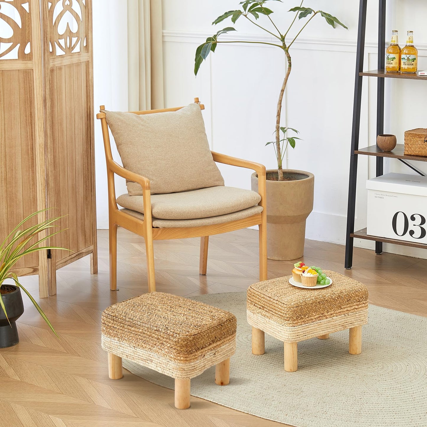 ALeesing Ottoman Foot Stool Rectangular Footrest Natural Seagrass Footstool with Wooden Legs Hand Weave Multifunctional Modern Dressing Stool, Sofa Side Table for Bedroom for Living Room (White)