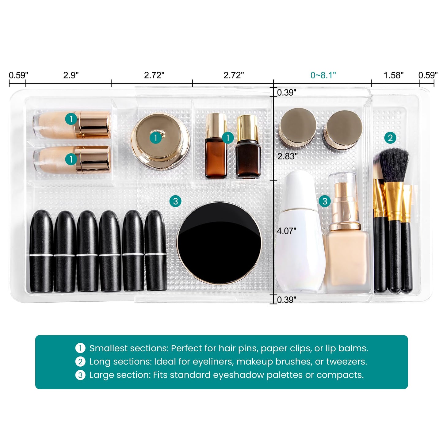 Oubonun Expandable Drawer Organizer 11.1” to 19.2” Width, Shallow Cosmetic Organizer 1.3” Height, 2 Packs, Clear Plastic Storage Trays for Dressing Table,Bathroom