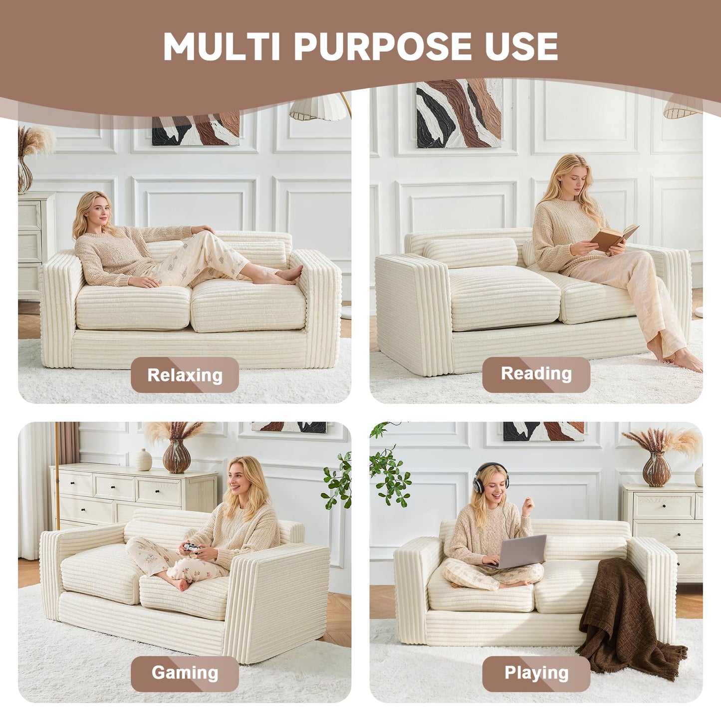 Paxato Bean Bag Chair Couch, Two Seat Giant Bean Bag Sofa for Adults, Boneless Loveseat Floor Sofa Couches for Living Room, Small Couch for Bedroom, Apartment, Office (Beige)
