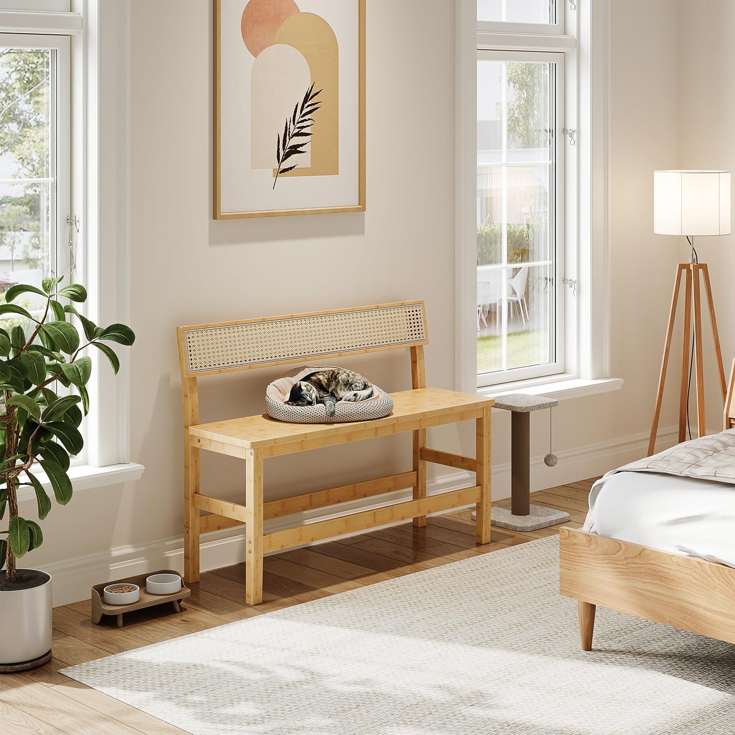 HOOBRO Dining Bench, Bamboo Farmhouse Entryway Bench with Back for Kitchen, Living Room, Bedroom, Easy to Assemble, Sturdy and Stable, Natural YL05CD01