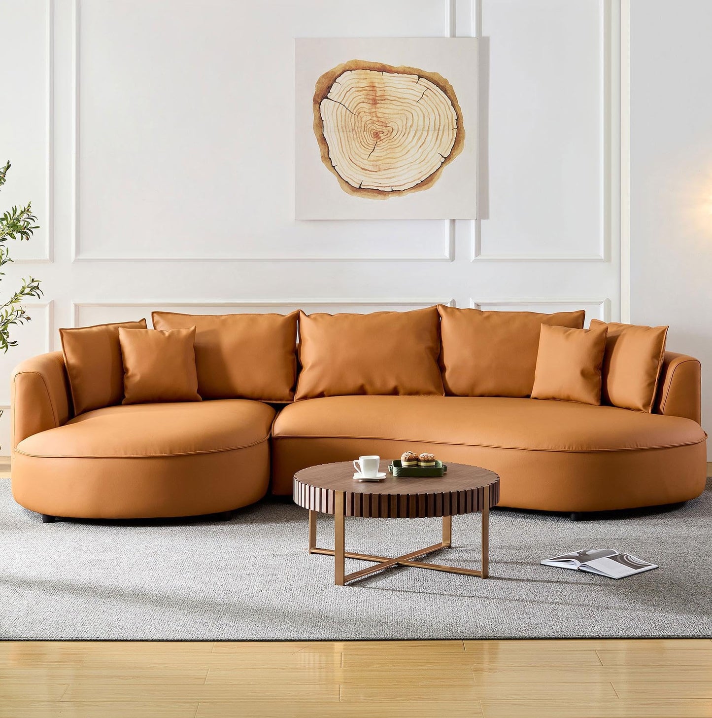 BBTJOINT Modern Curved Sofa for Living Room,Bonded Leather Upholstered Sectional,L-Shaped Round Couch with semicircualr Left Chaise Orange