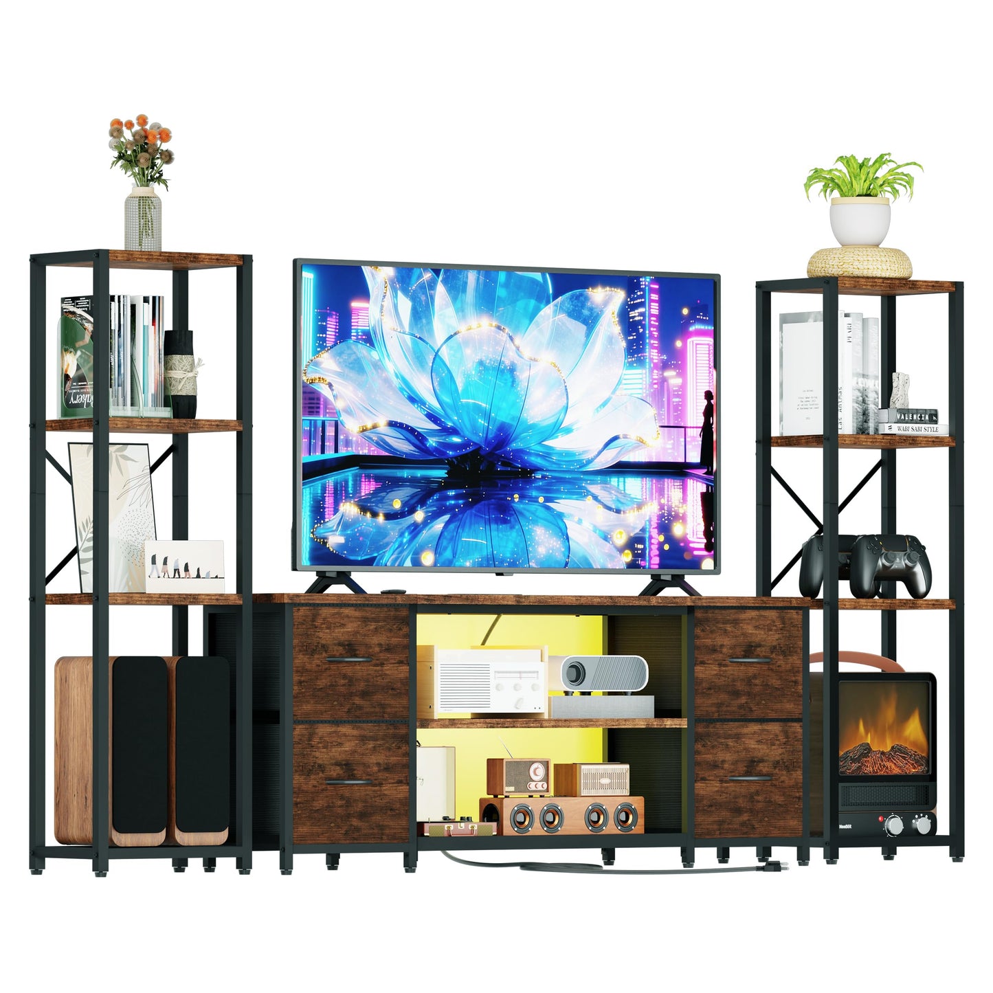 LED TV Stand Bookshelf Combo with Charging Station for 65 60 55 Inch TV, Entertainment Center with Lights & Drawers, Industrial Media TV Console Table for Living Room Bedroom Office, Rustic Brown
