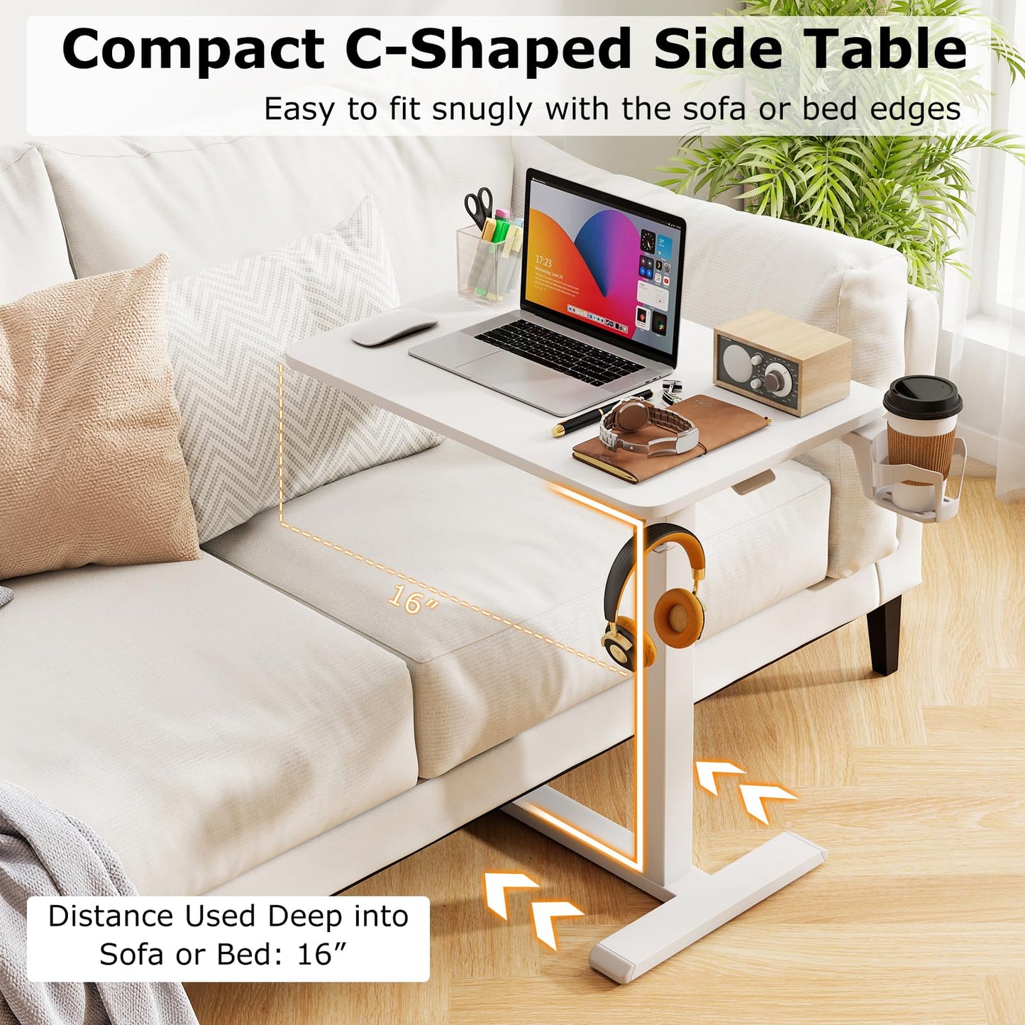 Tangkula Mobile Standing Desk, Pneumatic Height Adjustable Rolling Desk with Cup Holder & Headphone Hook, Overbed Table with Hidden Wheels, Laptop Computer Cart for Couch, Home, Office (White)