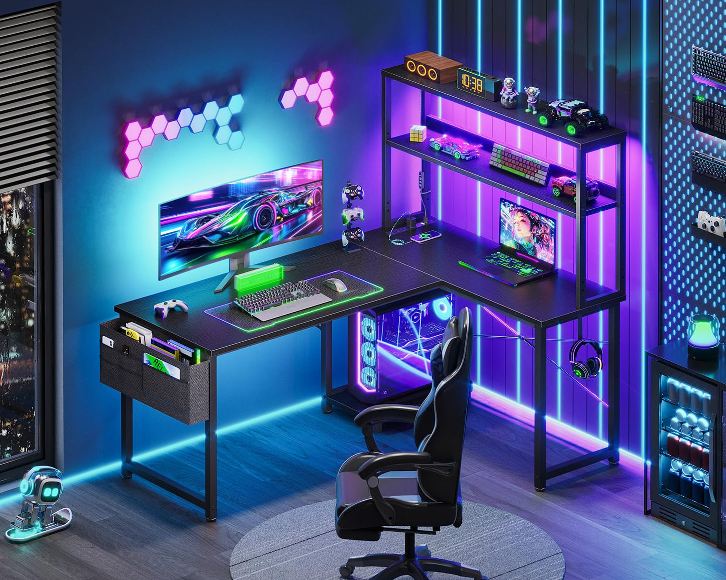 AODK L Shaped Desk Gaming Desk with LED Light & Power Outlet, 43 Inch Reversible L Shaped Computer Table with Shelf, Corner Desk with Storage Bag&Hook for Home Office Desk, Black