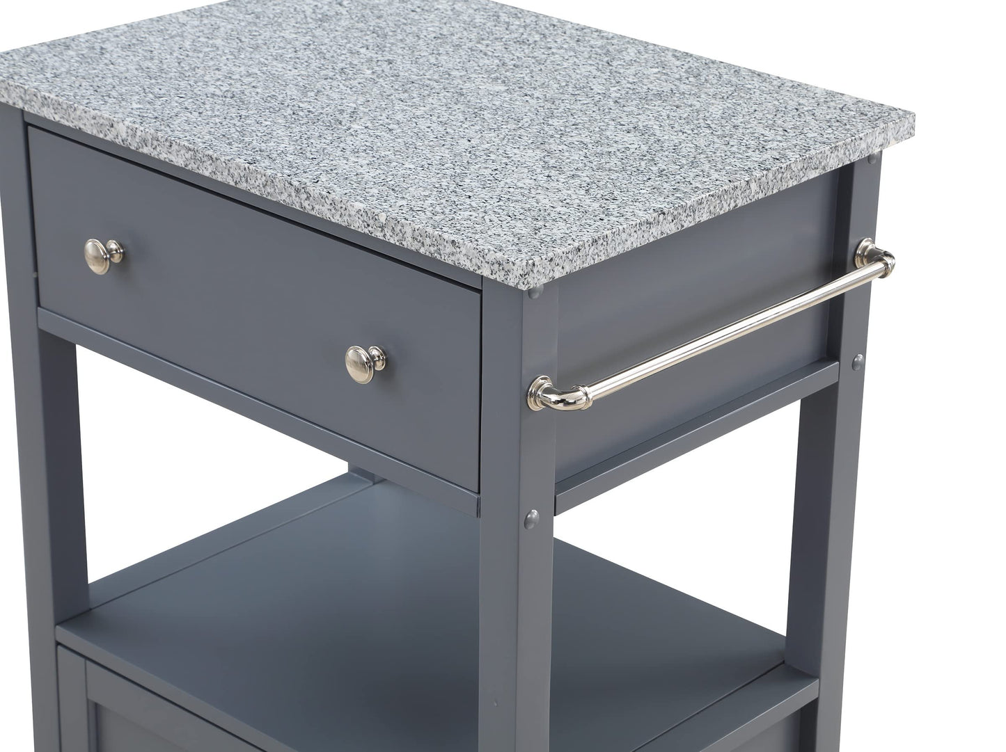 OSP Home Furnishings Fairfax Farmhouse Kitchen Cart with Granite Top, Rolling Storage Cabinet with Towel Rack, Shelf and Drawer, Grey Finish